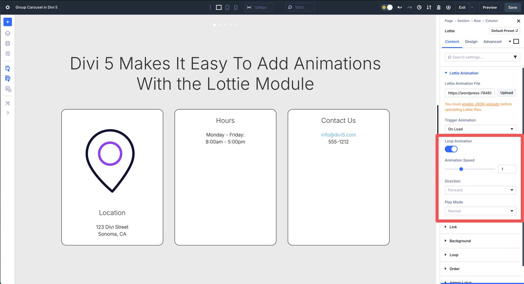 Lottie module in Divi 5
