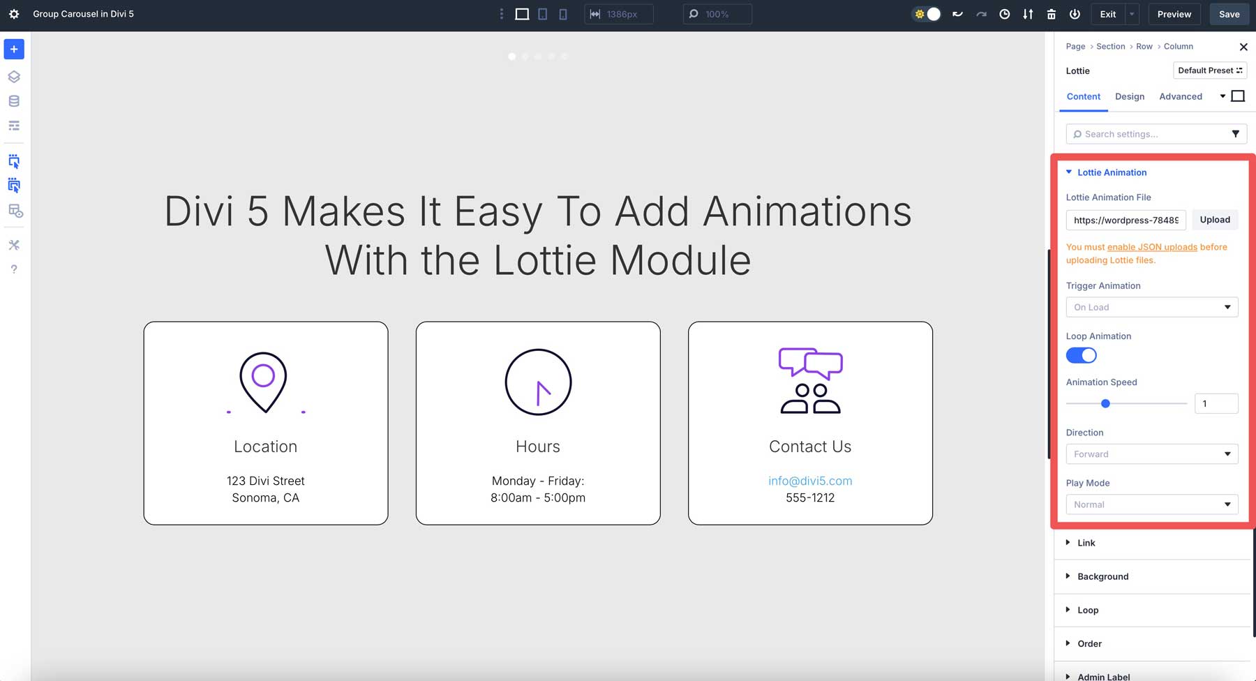 Lottie module in Divi 5