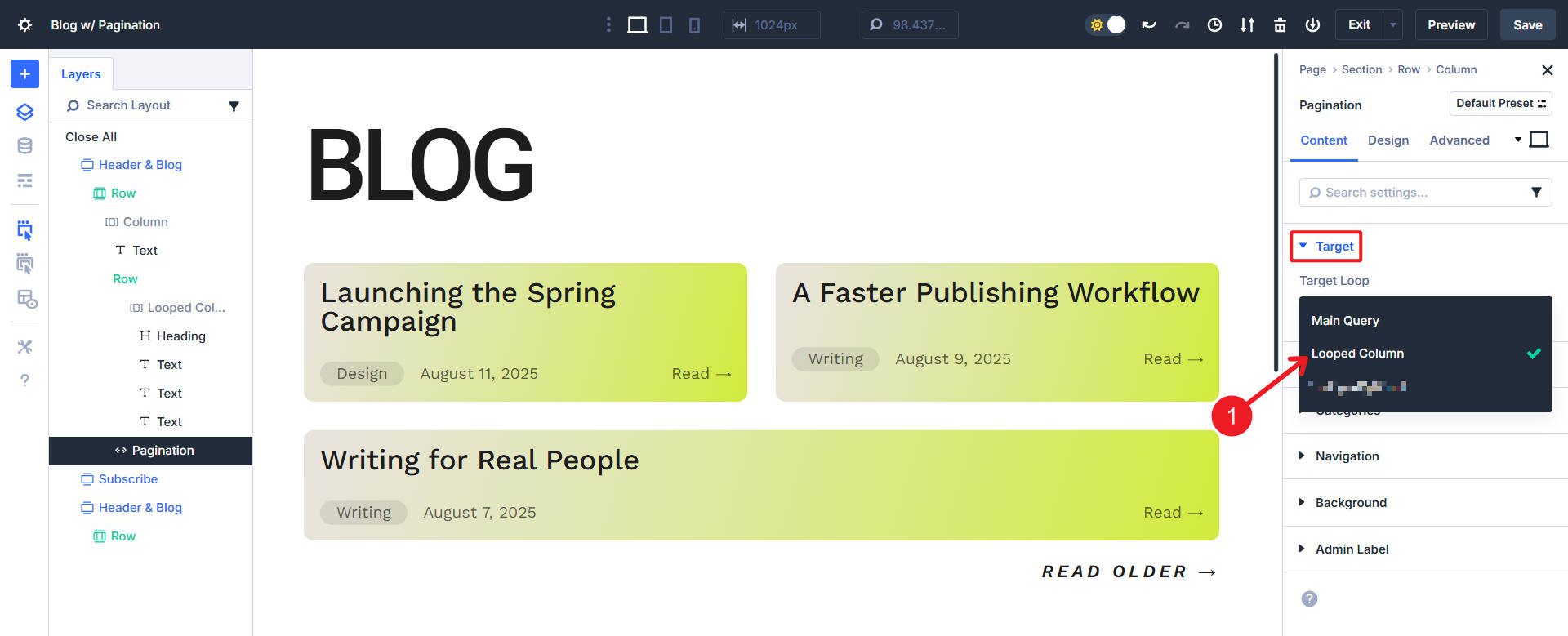 Setting Pagination Target Loop