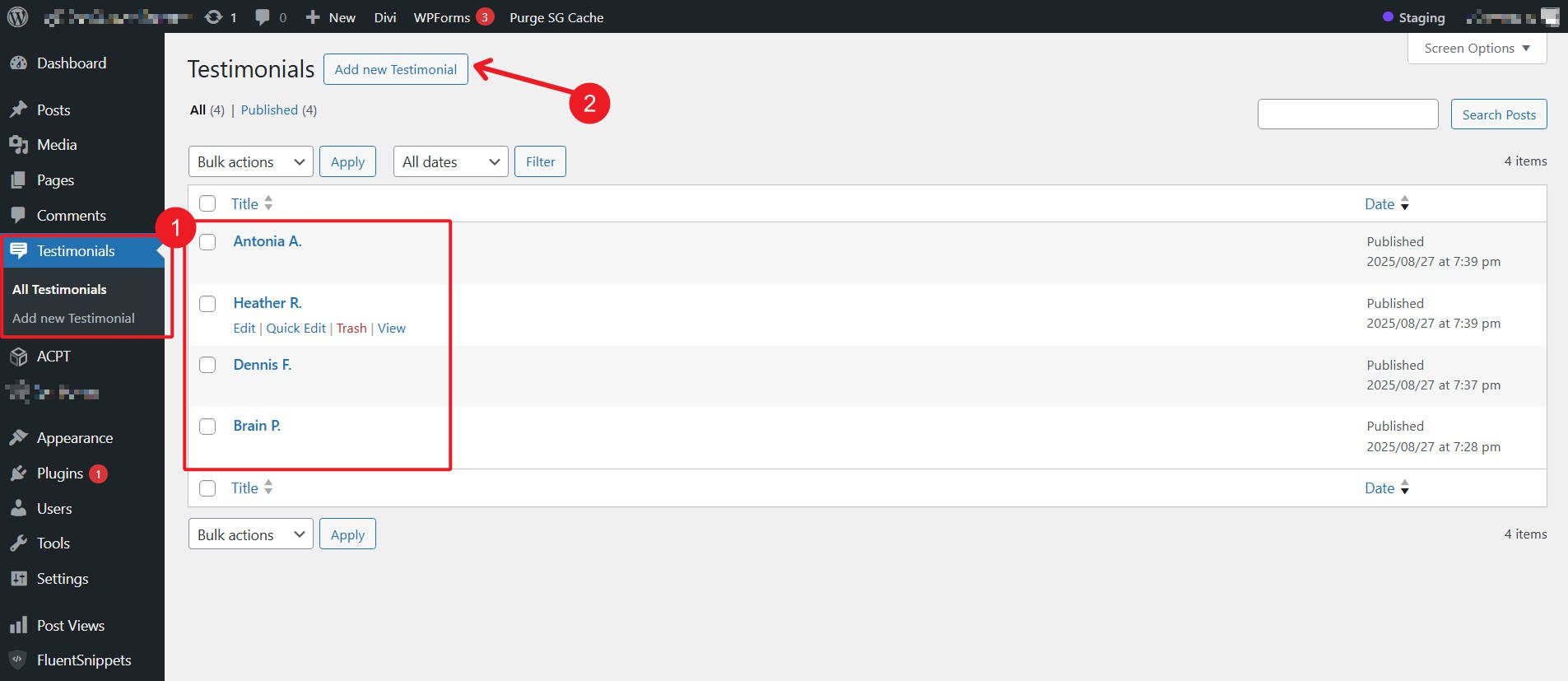 WordPress Backend with a CPT for Testimonials