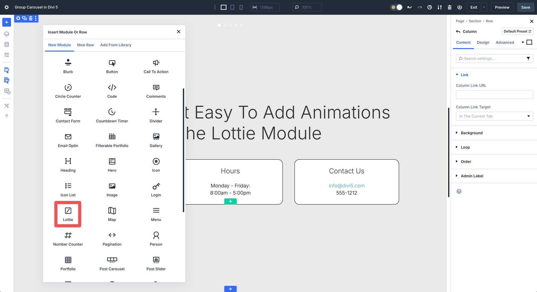 Lottie module in Divi 5