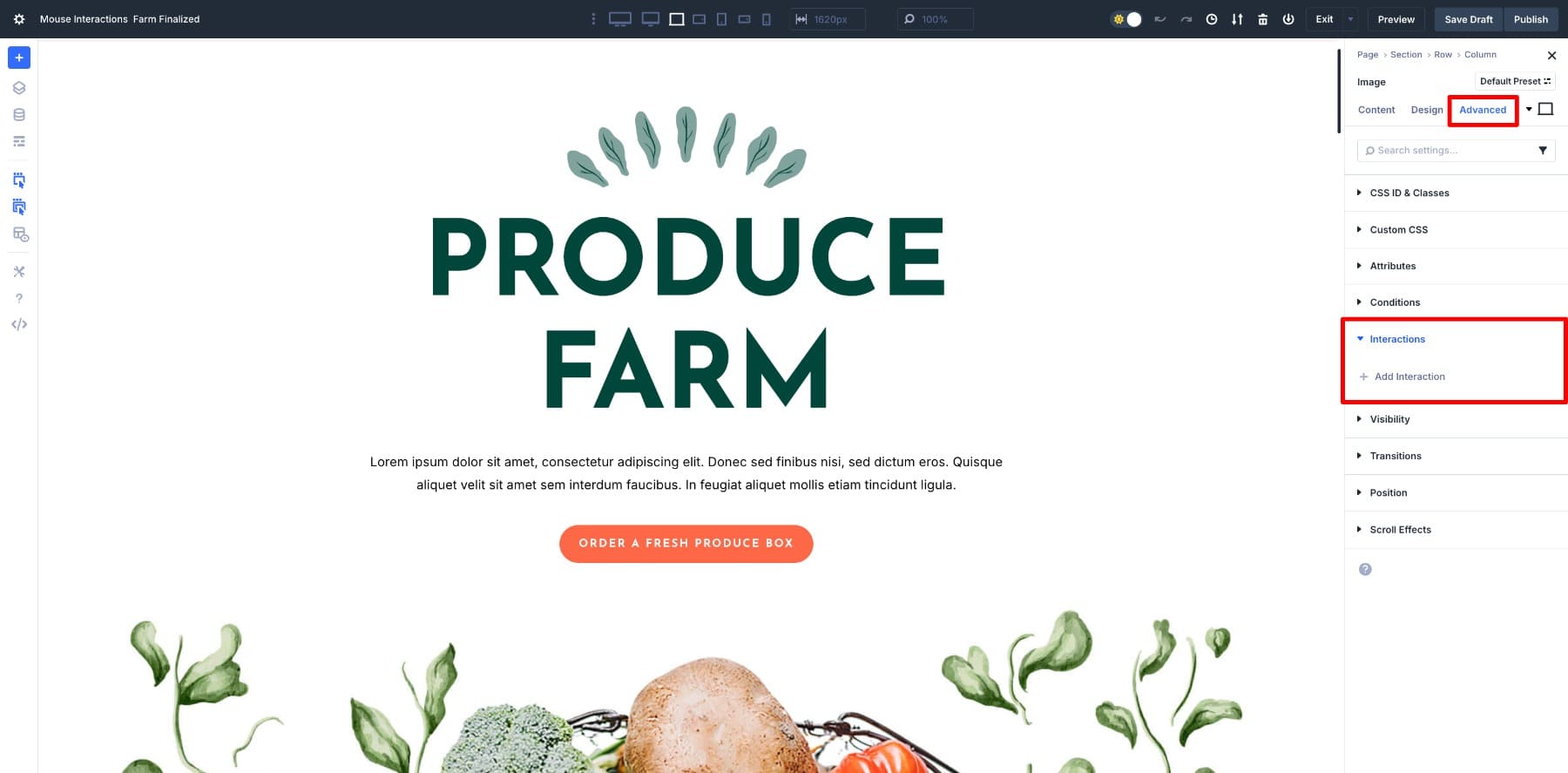 interactions in advanced tab