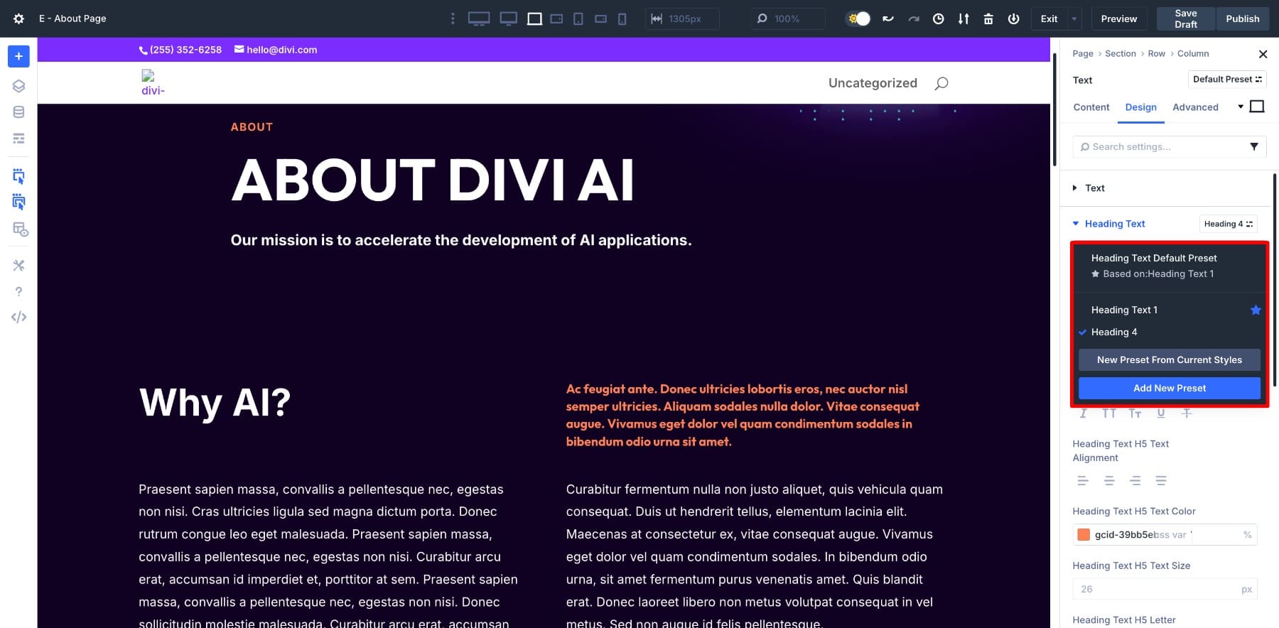 saved preset on new page