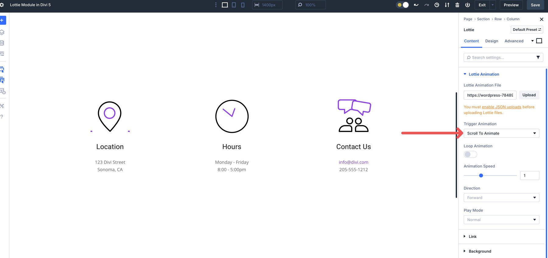 Lottie module scroll to animate trigger