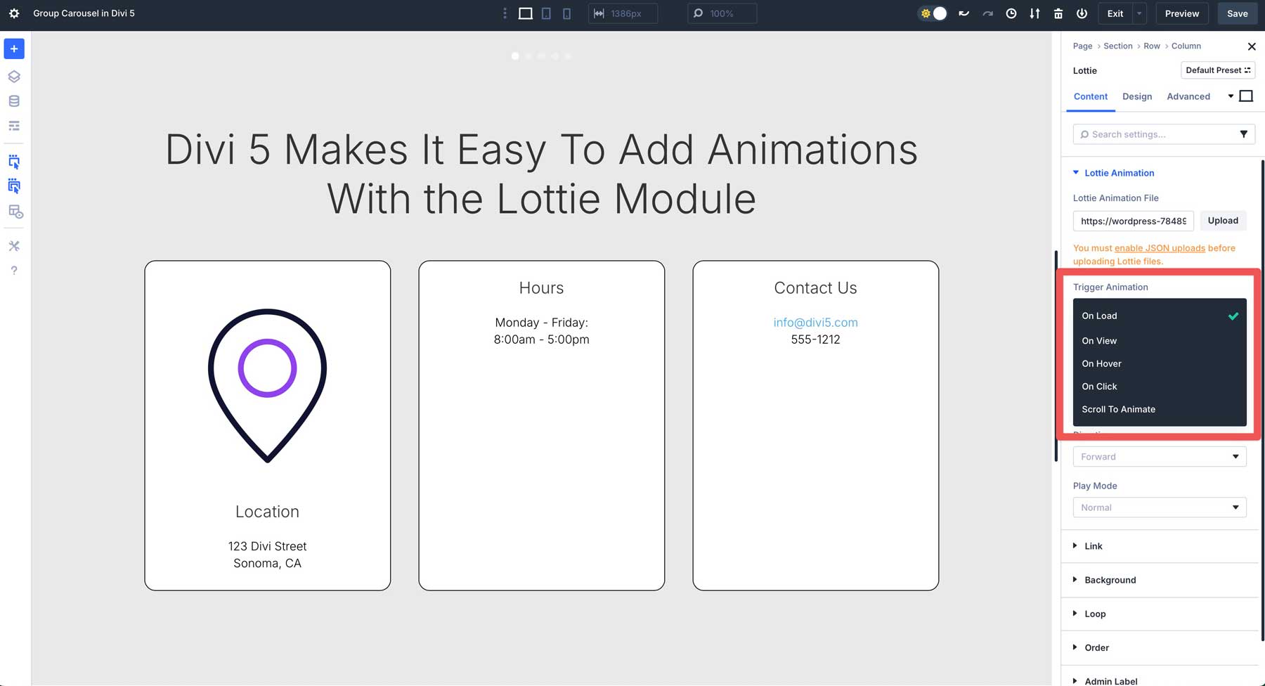 Lottie module in Divi 5