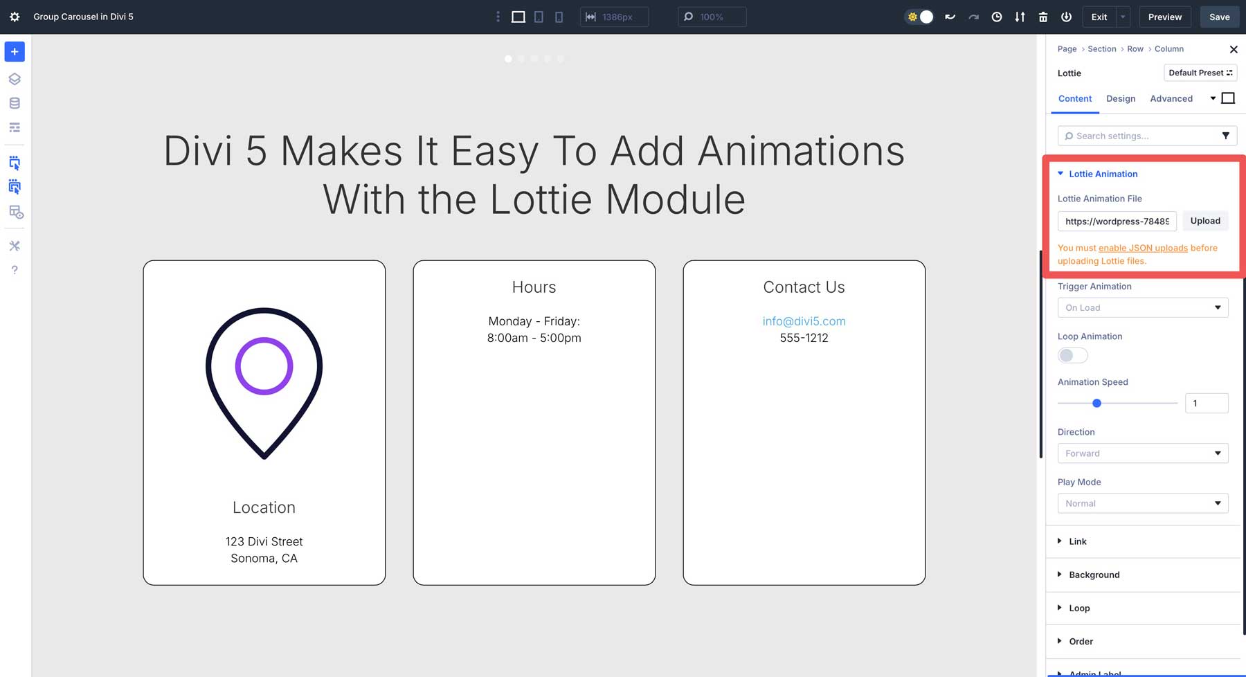 Lottie module in Divi 5