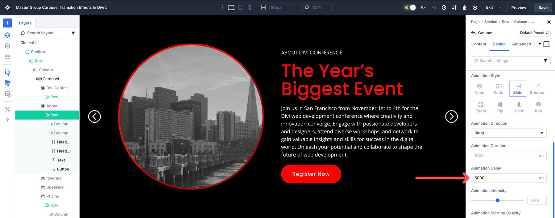 Group Carousel transition effects in Divi 5