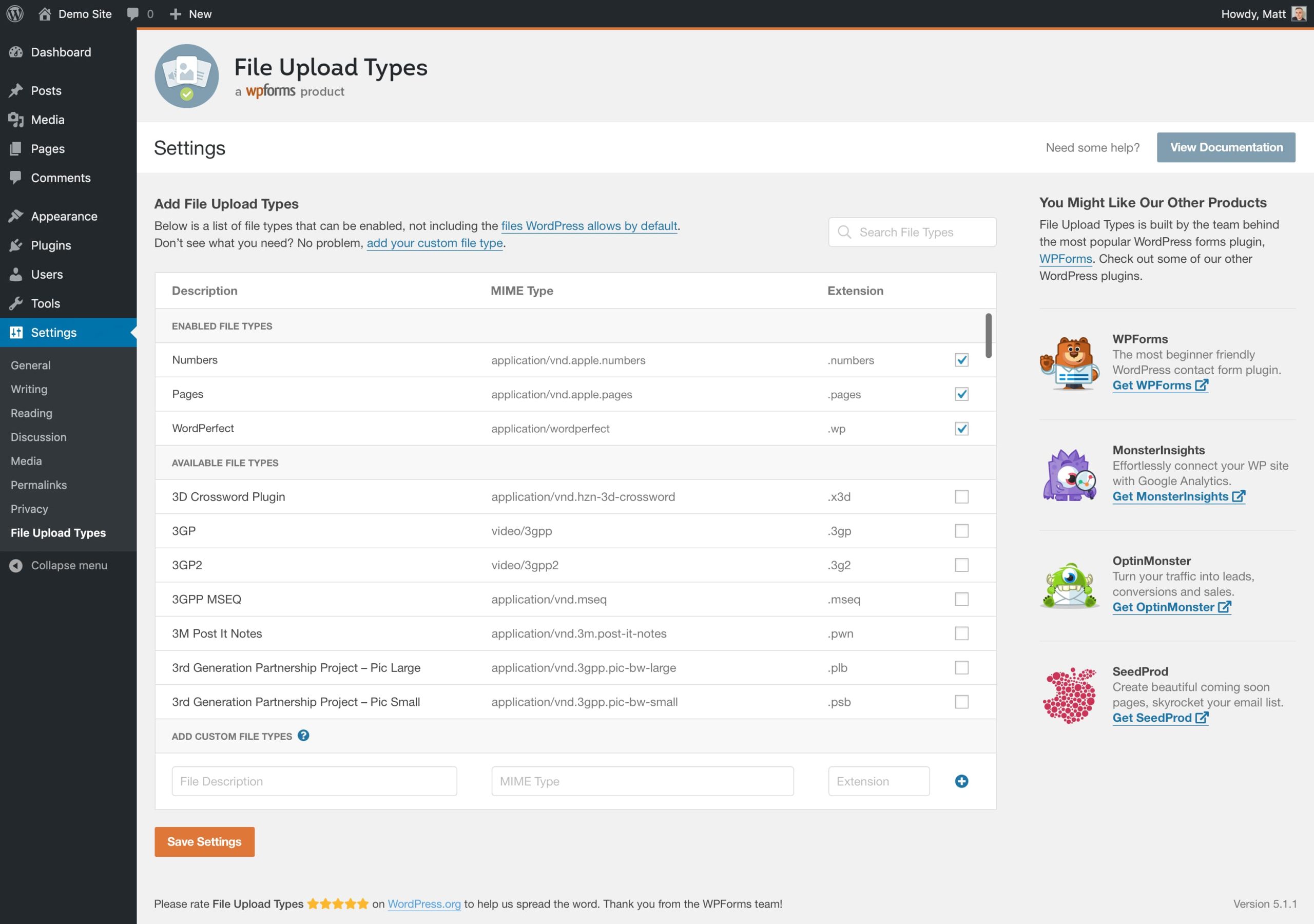 A screenshot of File Upload Types' user interface from their Repo page