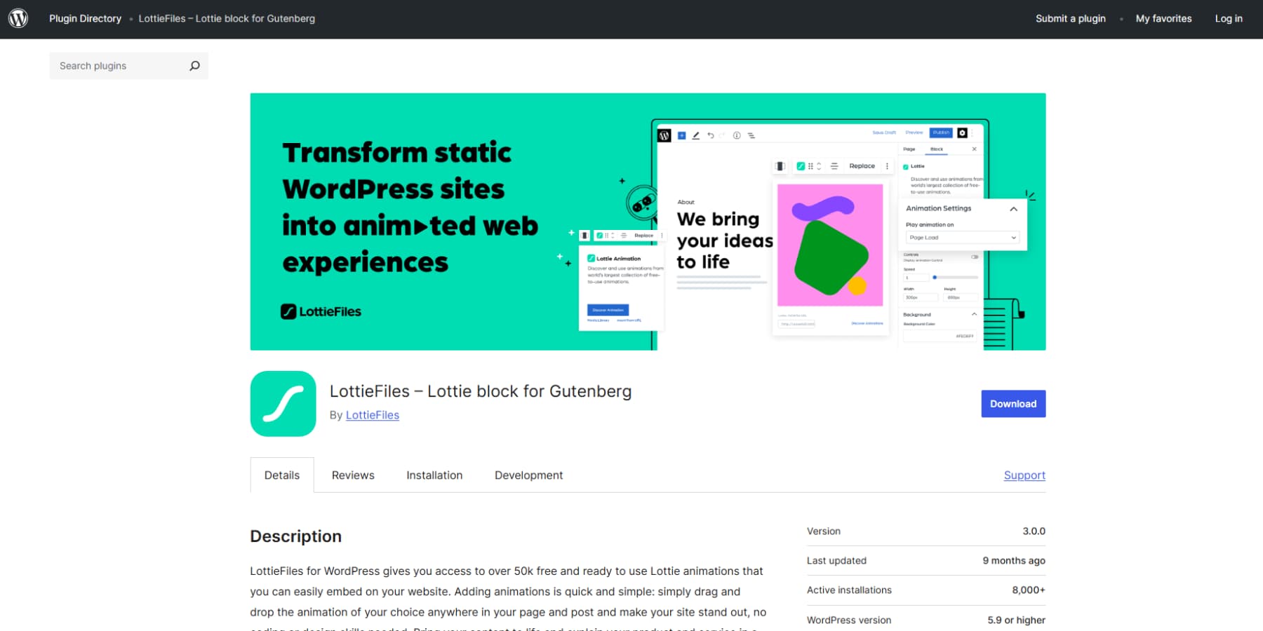 A screenshot of LottieFiles' page on WP plugin repo