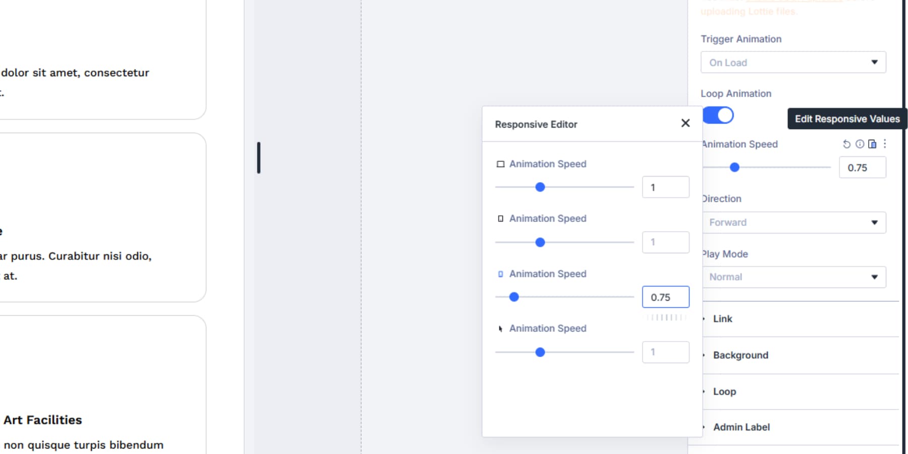 A screenshot of adjusting animation speed for various breakpoints
