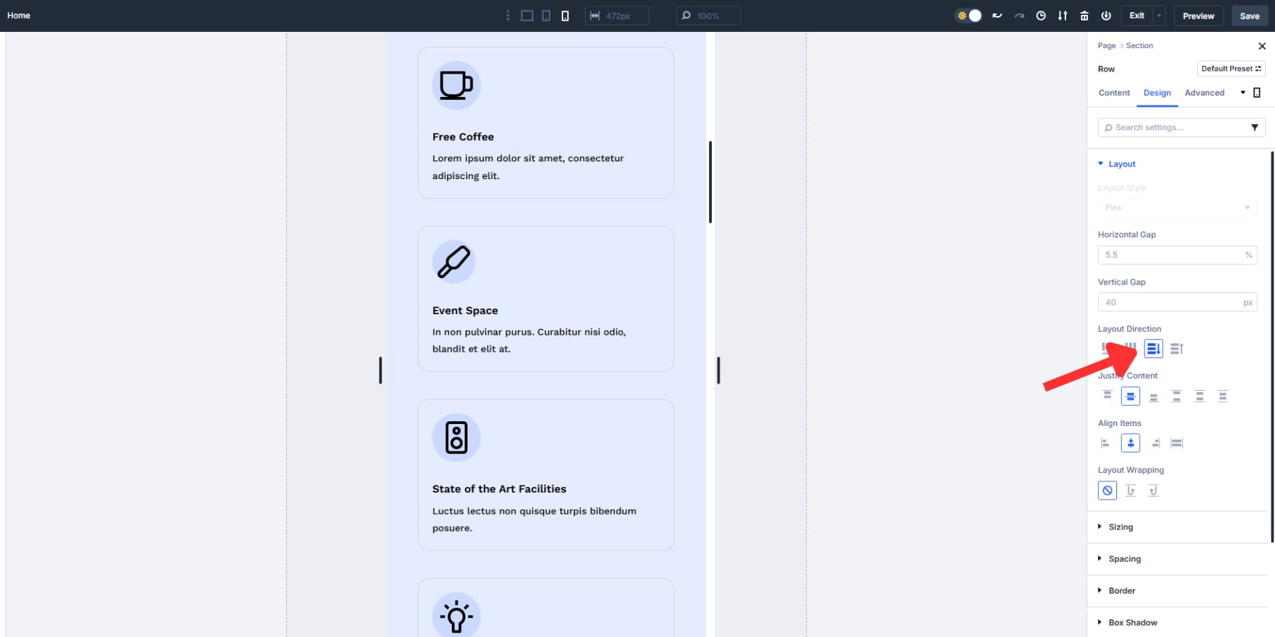 A screenshot of changing layout direction on a mobile breakpoint