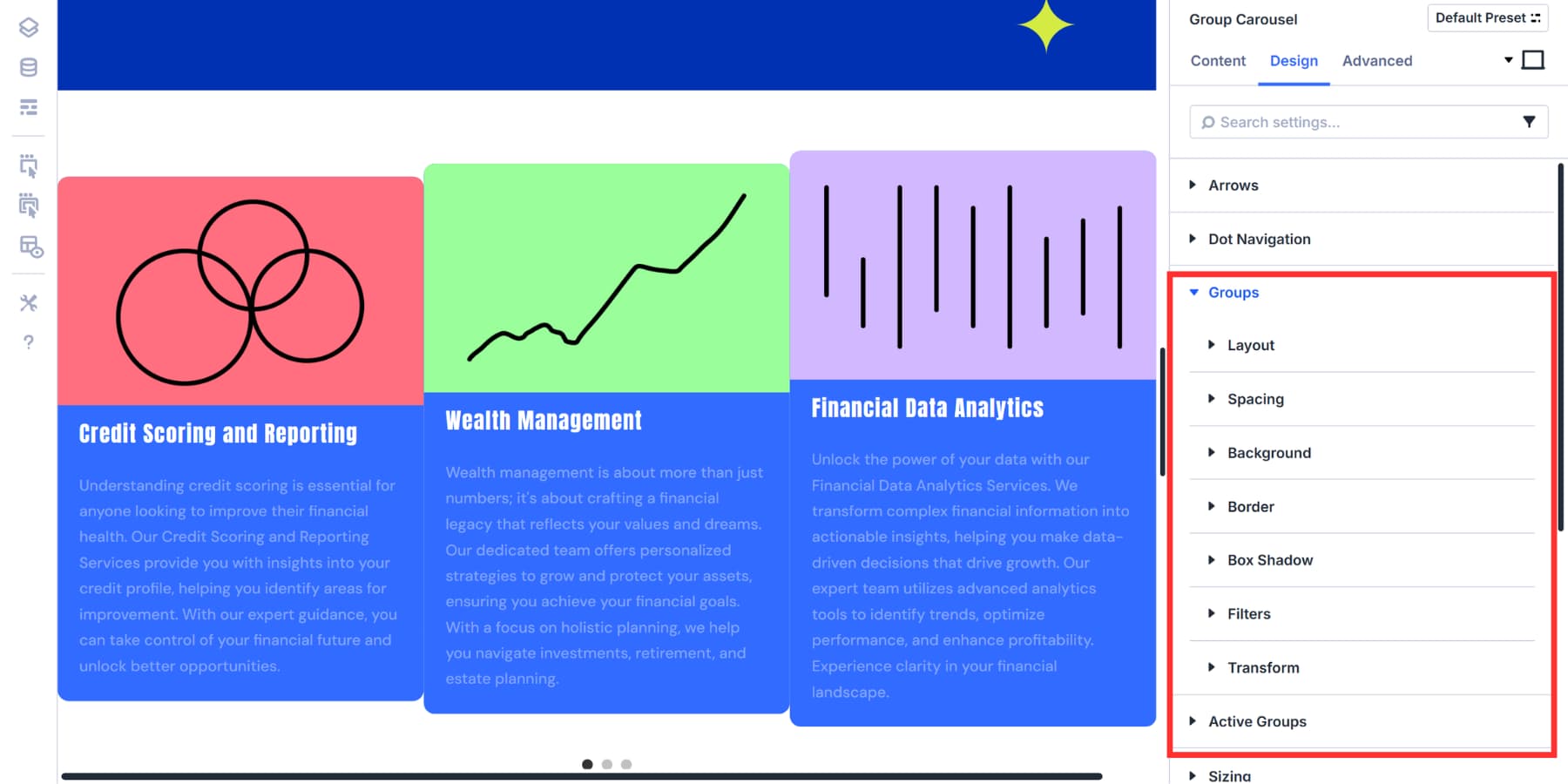 A screenshot of groups and active groups tabs and settings in Divi 5's group carousel module