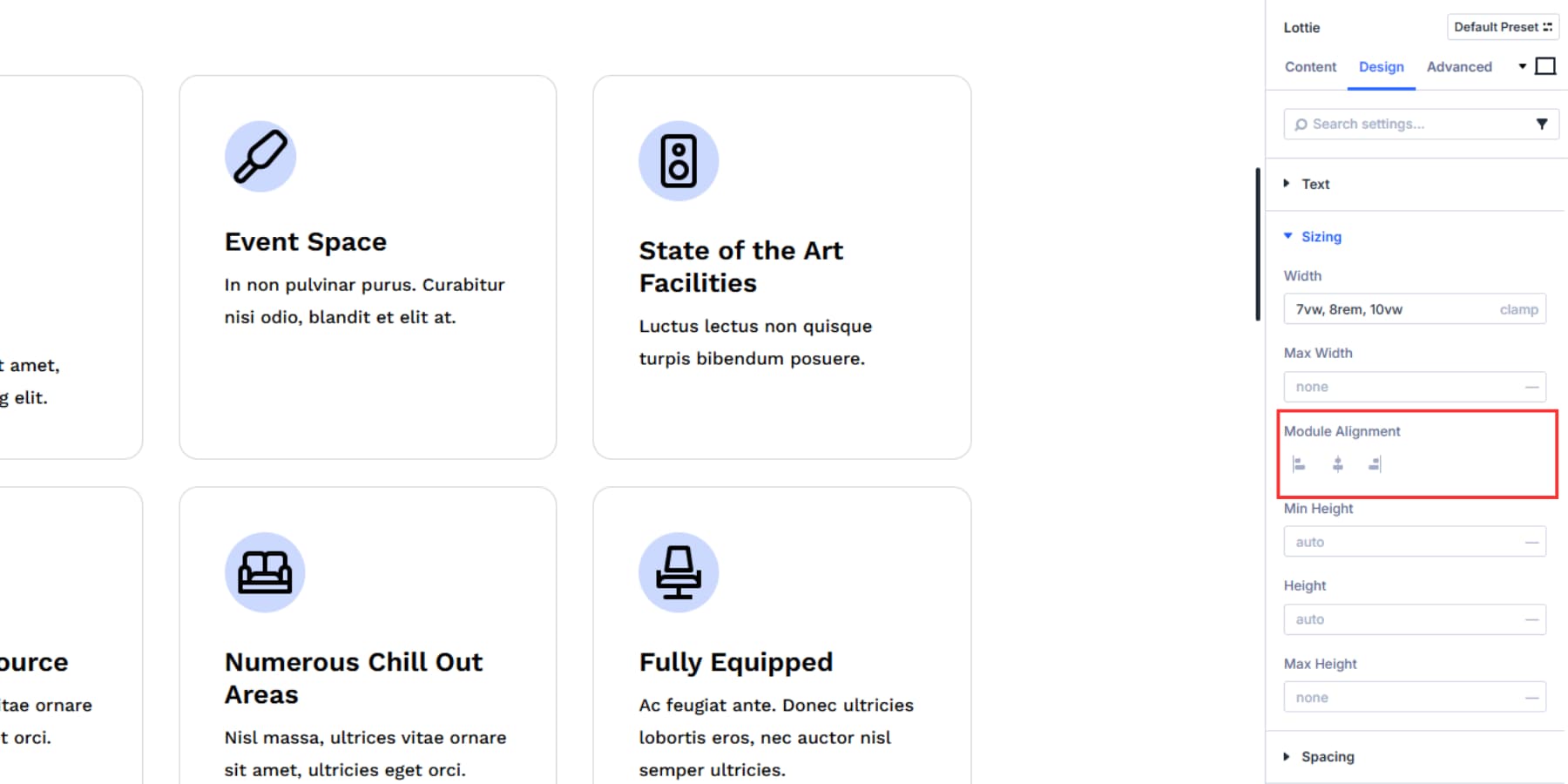 A screenshot of module alignment options in the design tab
