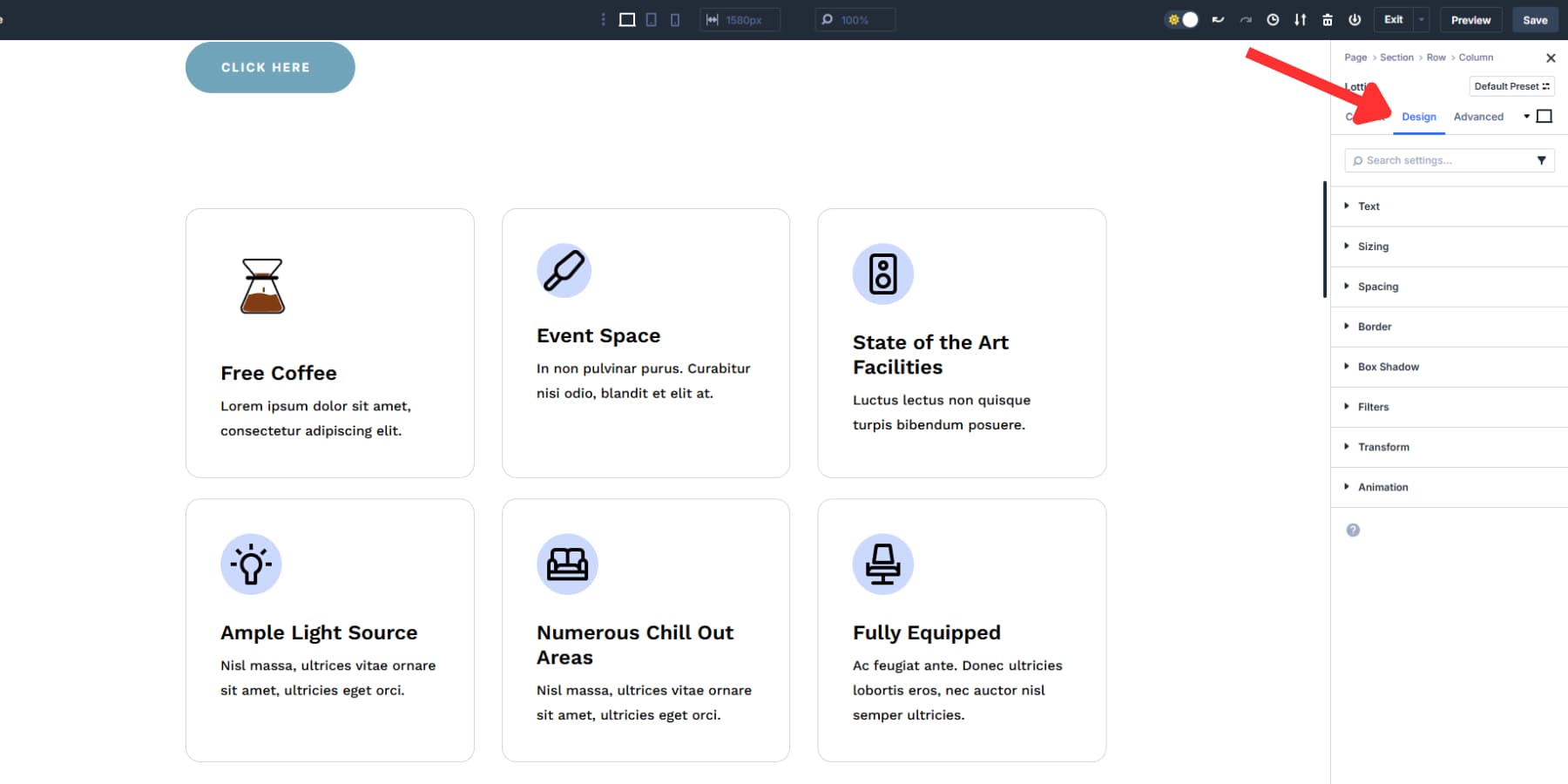A screenshot of the design tab of Lottie settings