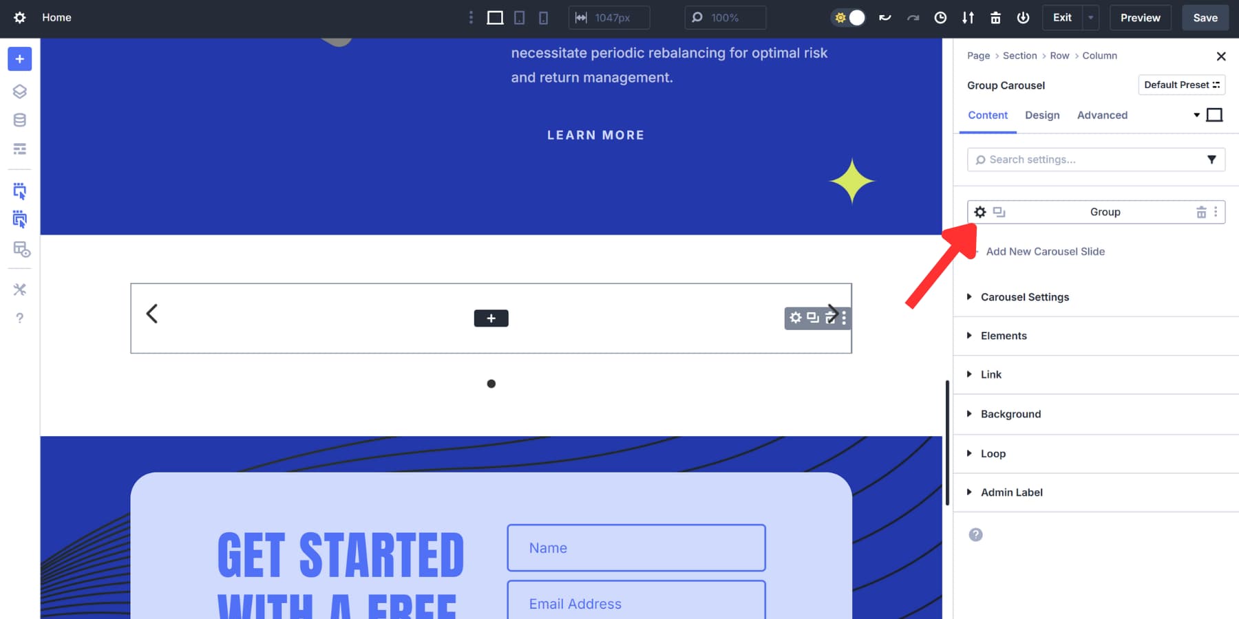 A screenshot of the settings icon to work with a specific group in Divi 5