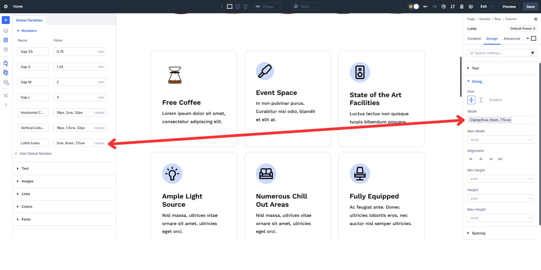 A screenshot of using clamp() values with vw and rems being used in lottie icons