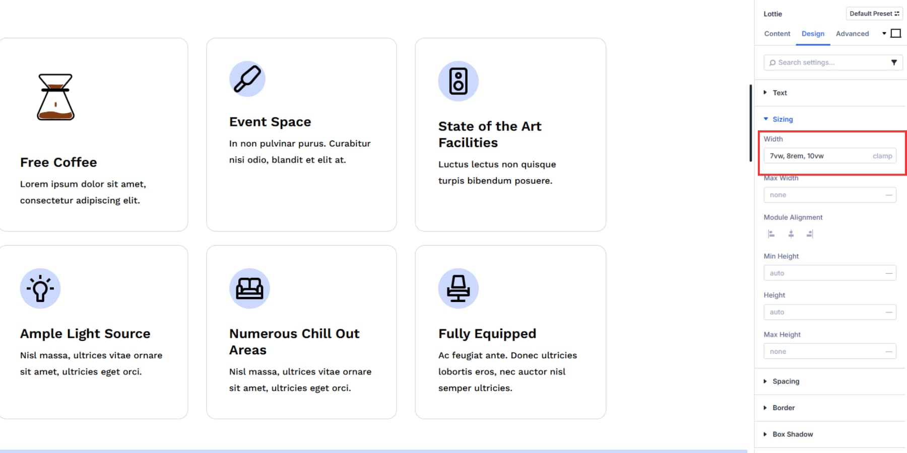 A screenshot of using clamps and advanced values in Lottie sizing options
