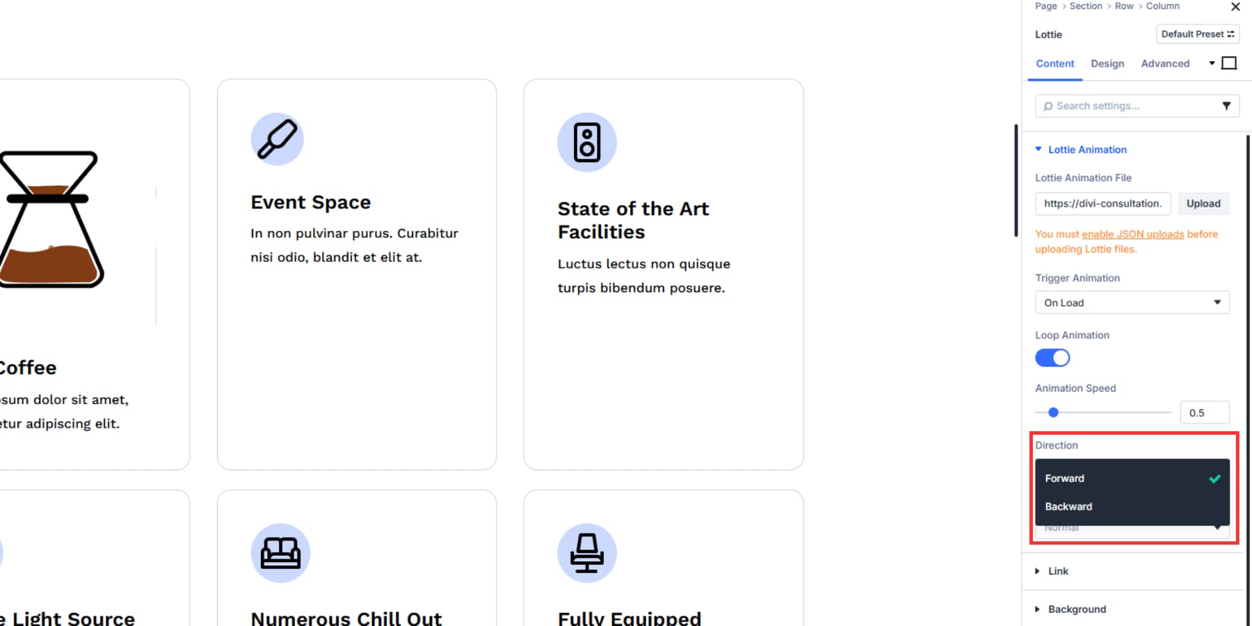 A screenshot of where to find the direction option in Divi 5