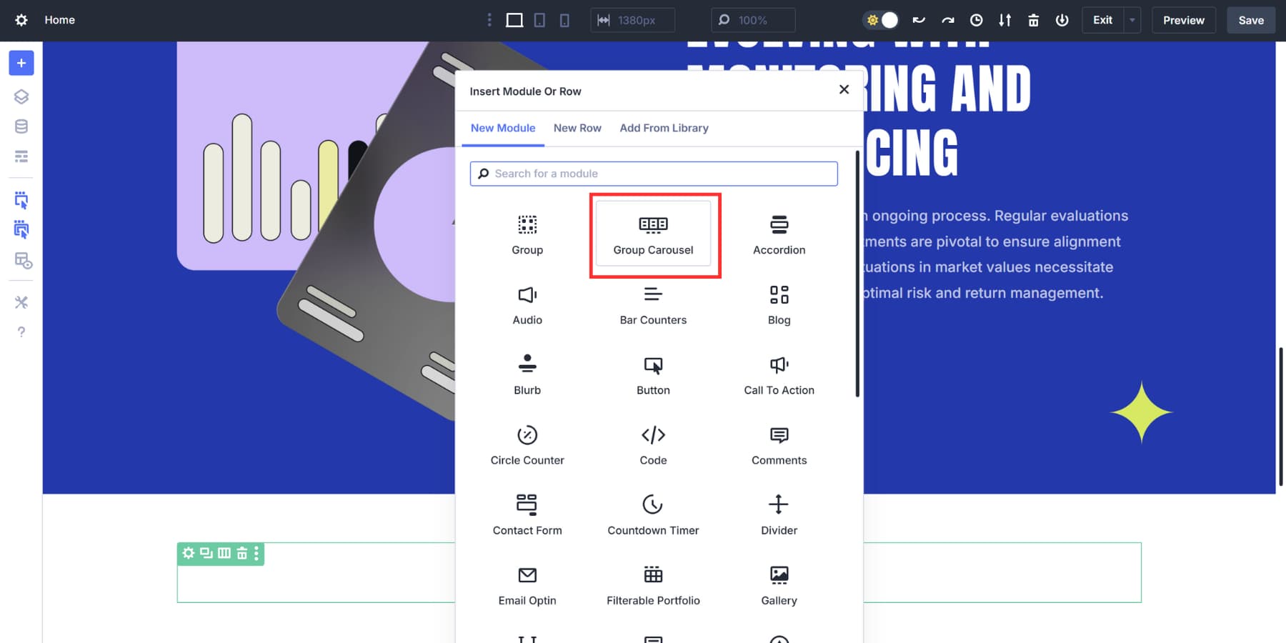 A screenshot of where to find the group carousel module in Divi 5