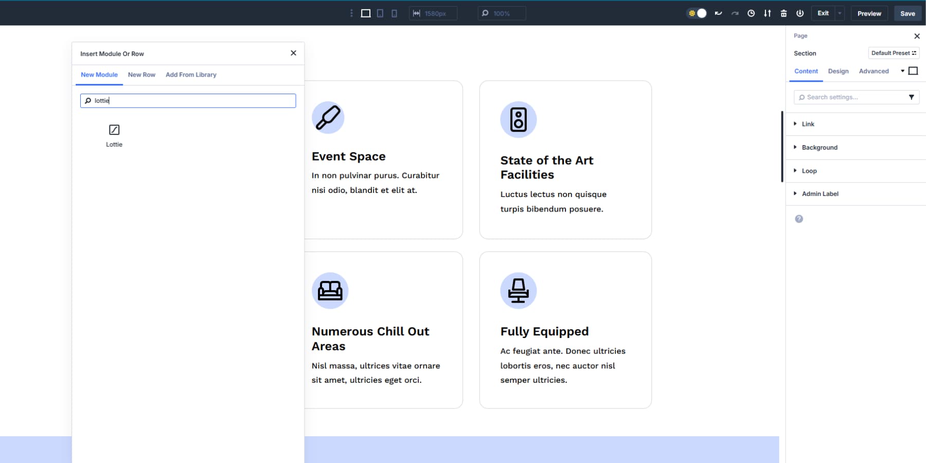 A screenshot of where to find the lottie module in Divi 5