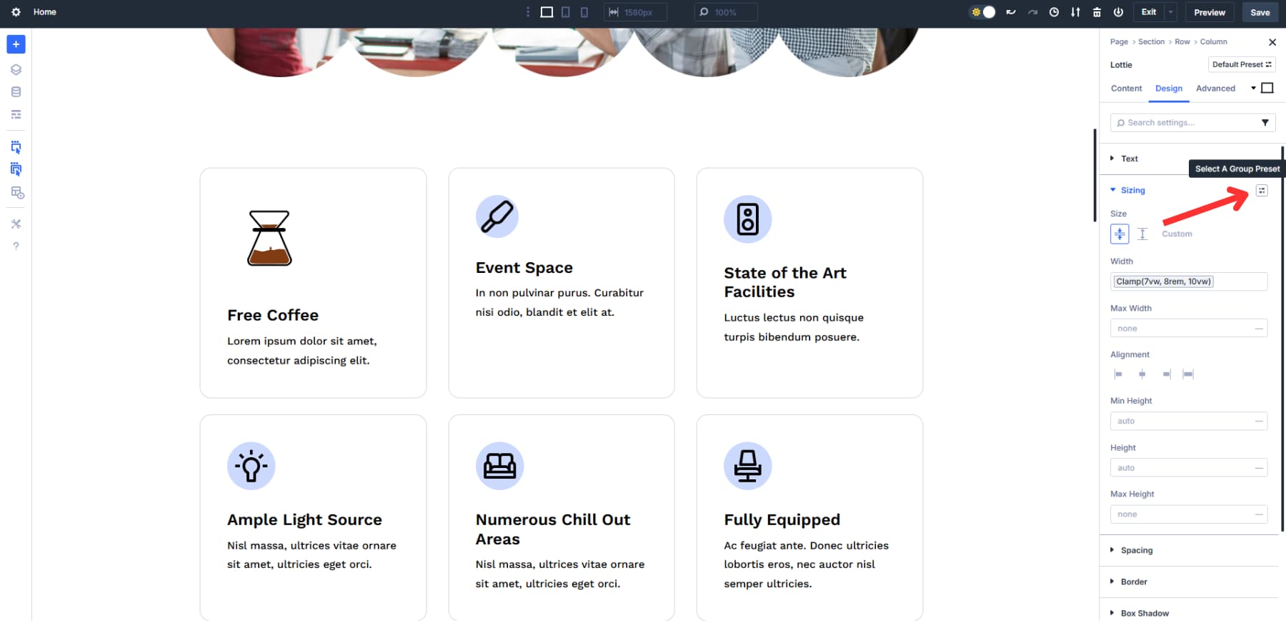 A screenshot of where to find the option group preset option in Divi 5