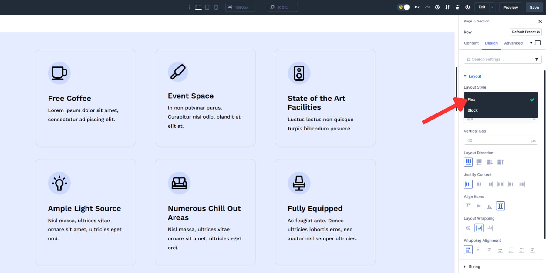 A screenshot of where to find the option to convert a block section to flex