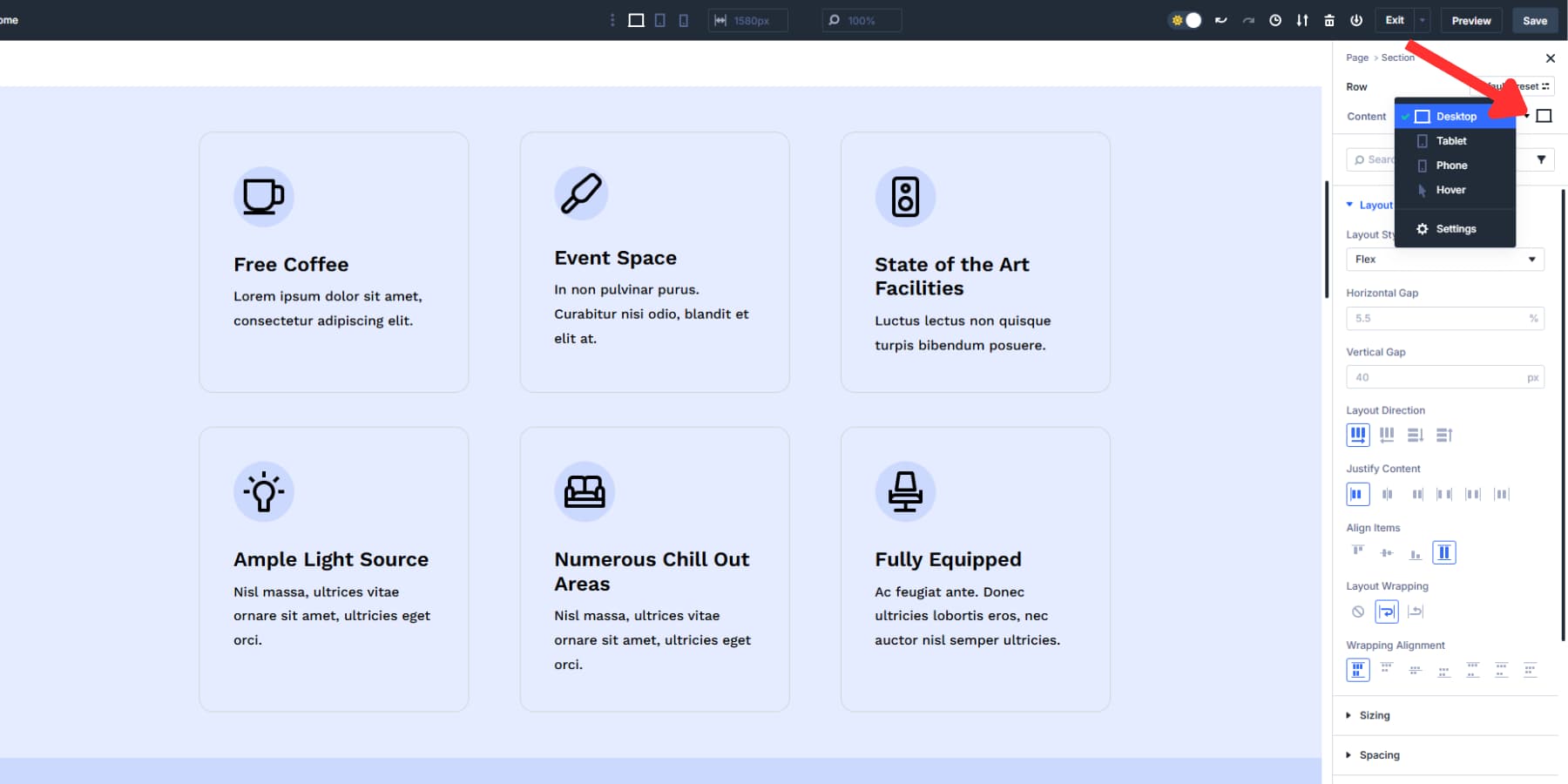 A screenshot of where to find the option to switch the device breakpoints