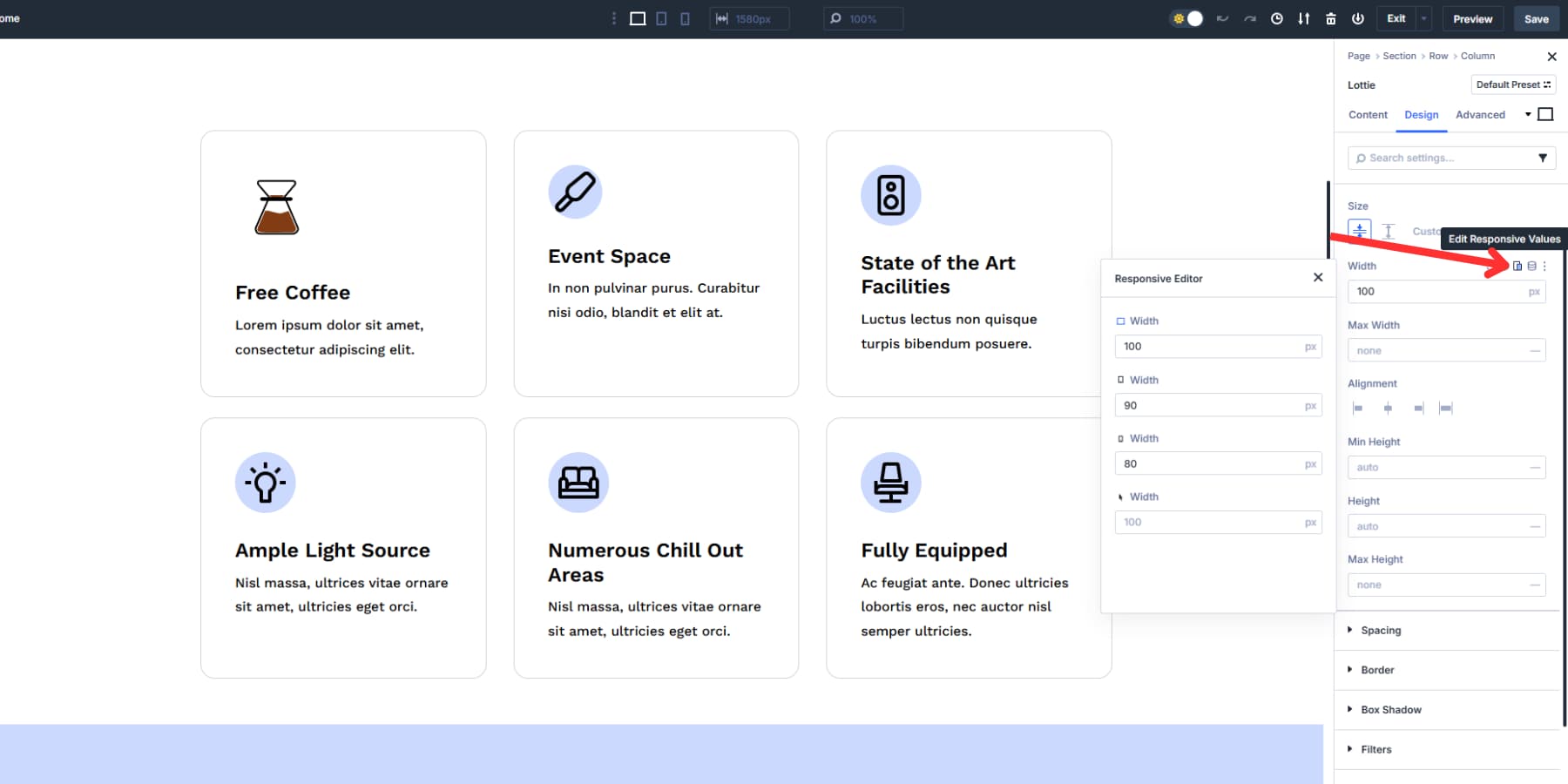 A screenshot of where to find the responsive editor option in Divi 5