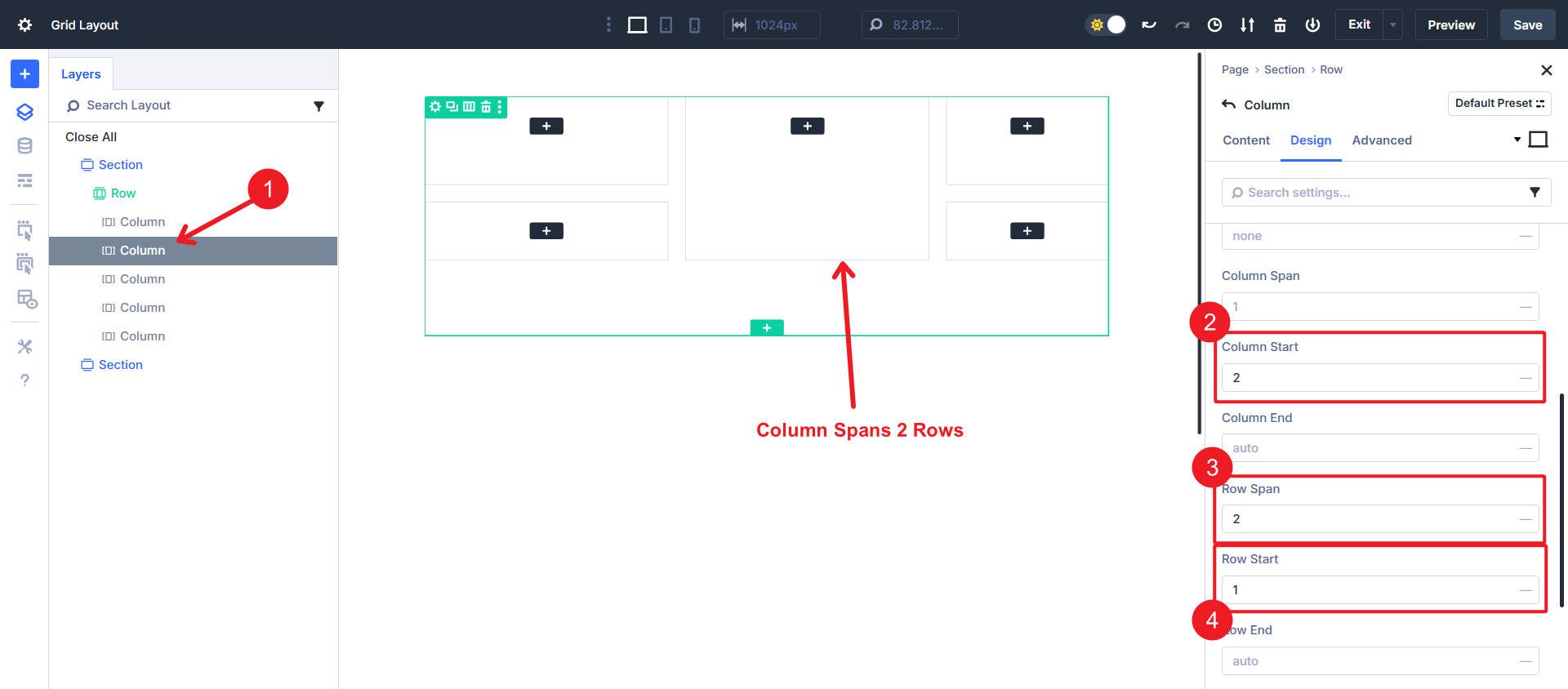 Column 2 - Column Start 2, Row Span 2, and Row Start 1