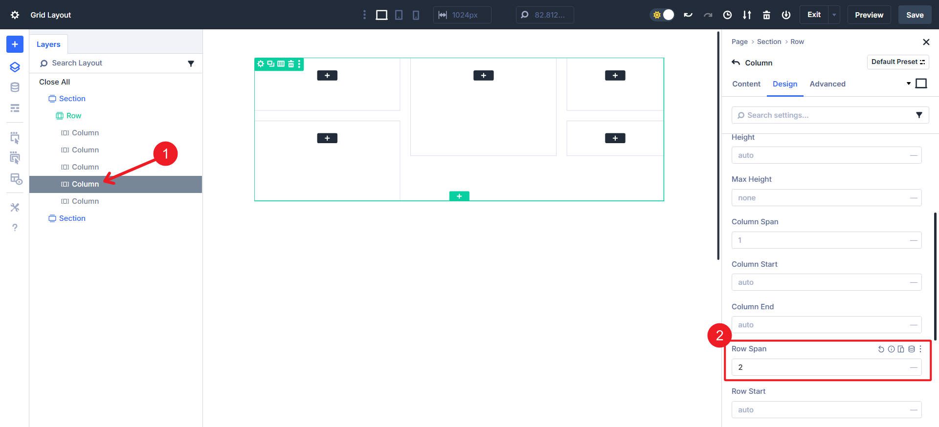 Column 4 - Row Span 2, All Else Default Settings