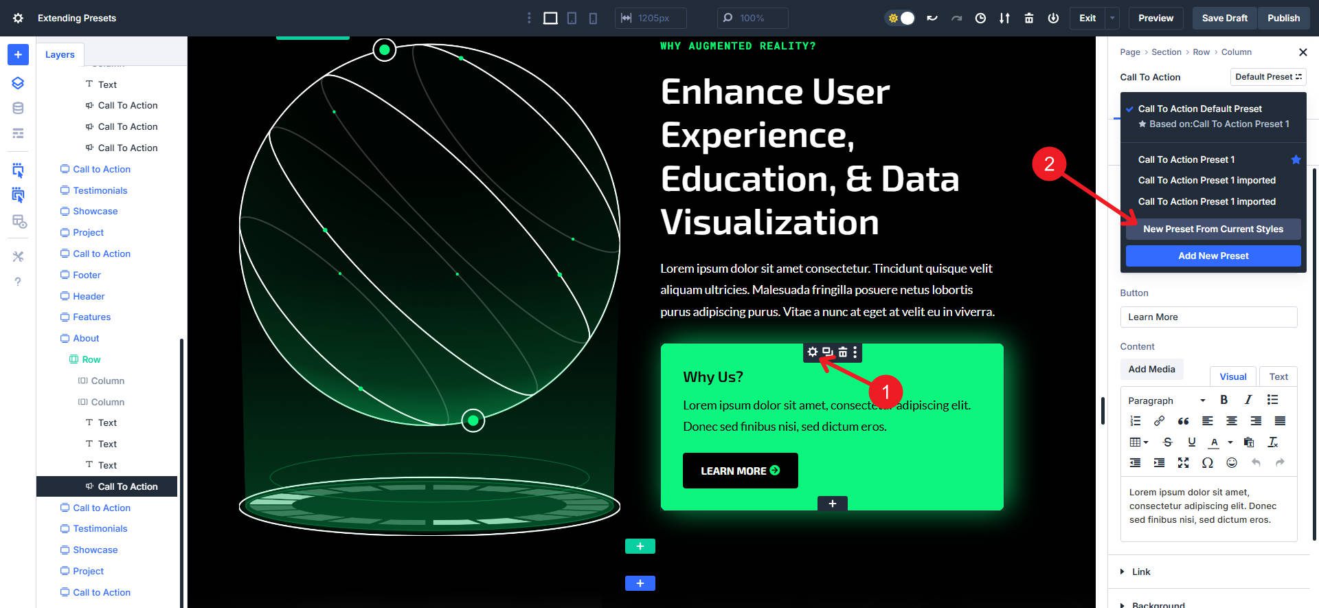 Creating a New Element Preset from Current Styles - Steps 1-2