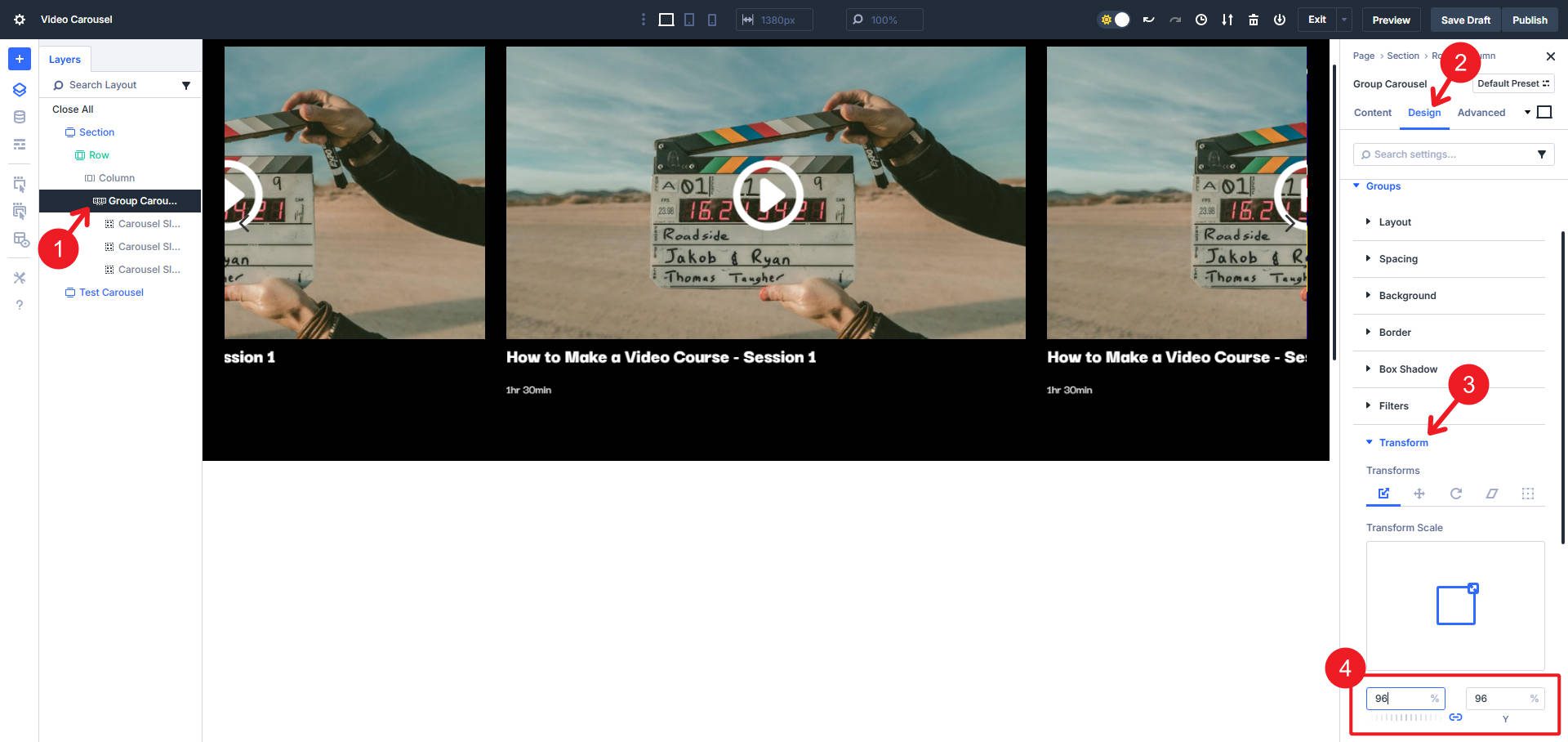 Set Transform Scale to 96% on All Groups from Carousel Module Design Settings