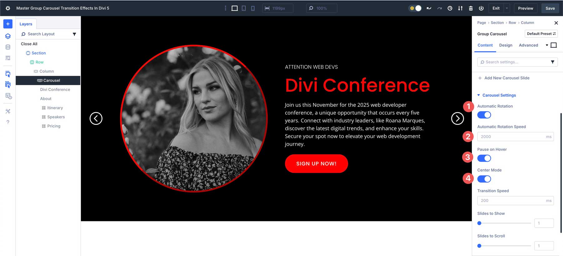 Group Carousel transition effects in Divi 5