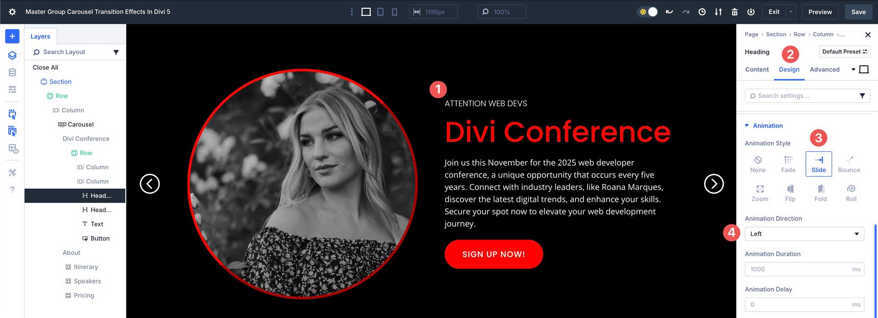 Group Carousel transition effects in Divi 5