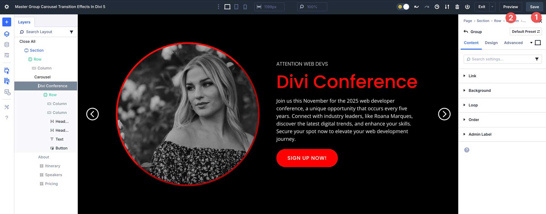 Group Carousel transition effects in Divi 5