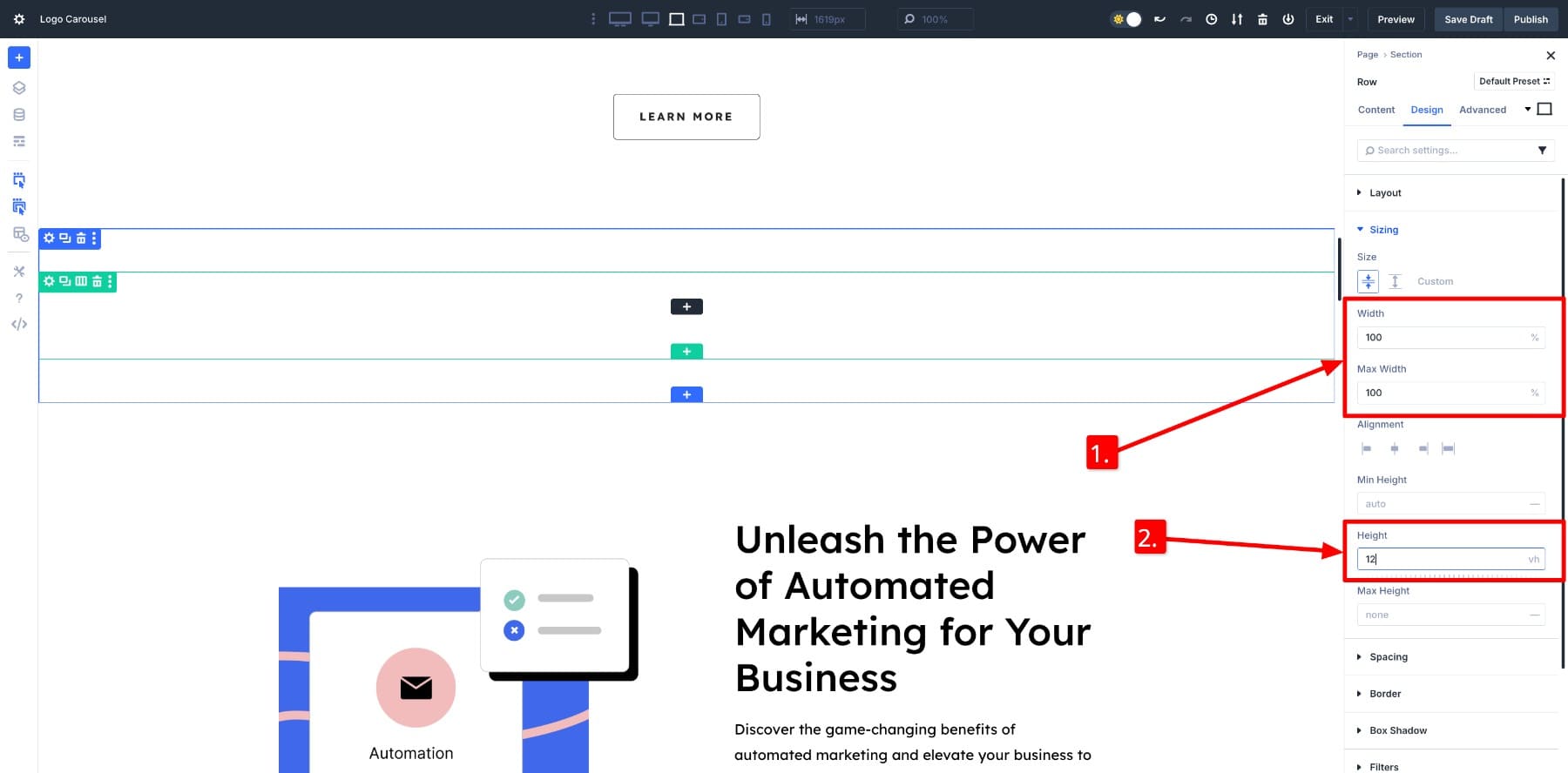 set row width and height