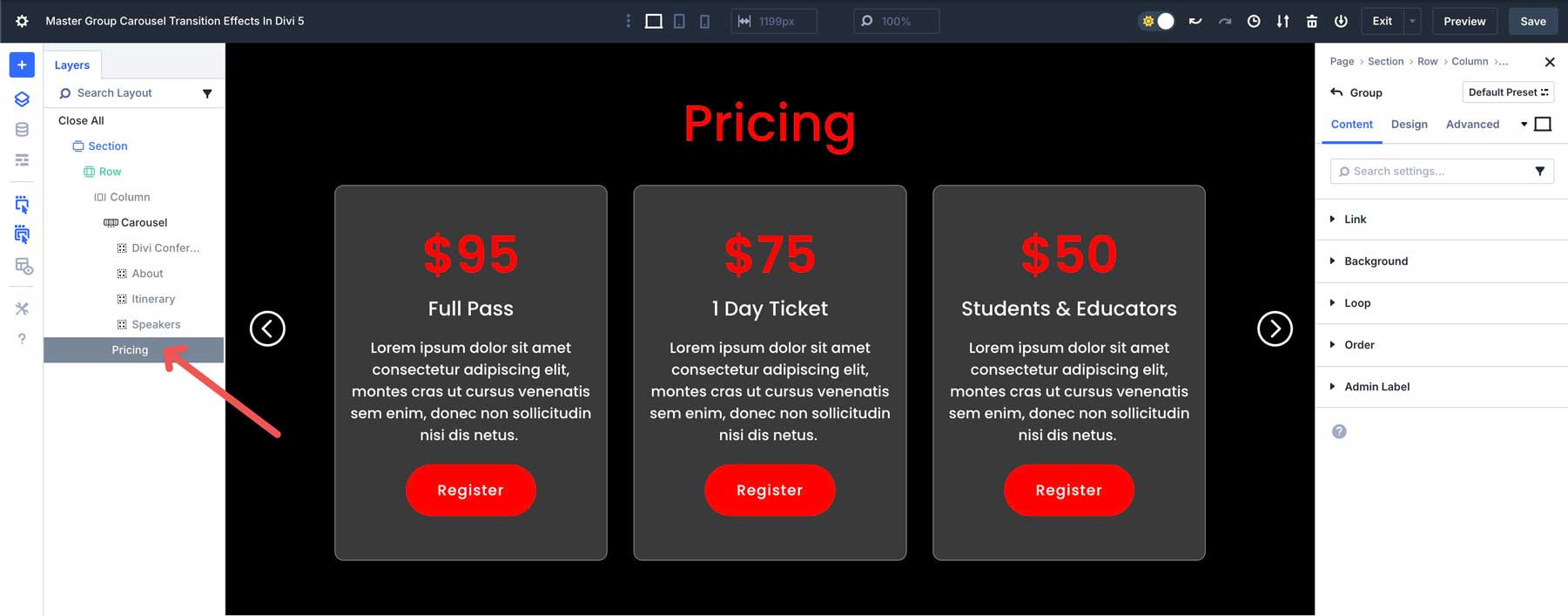 Group Carousel transition effects in Divi 5