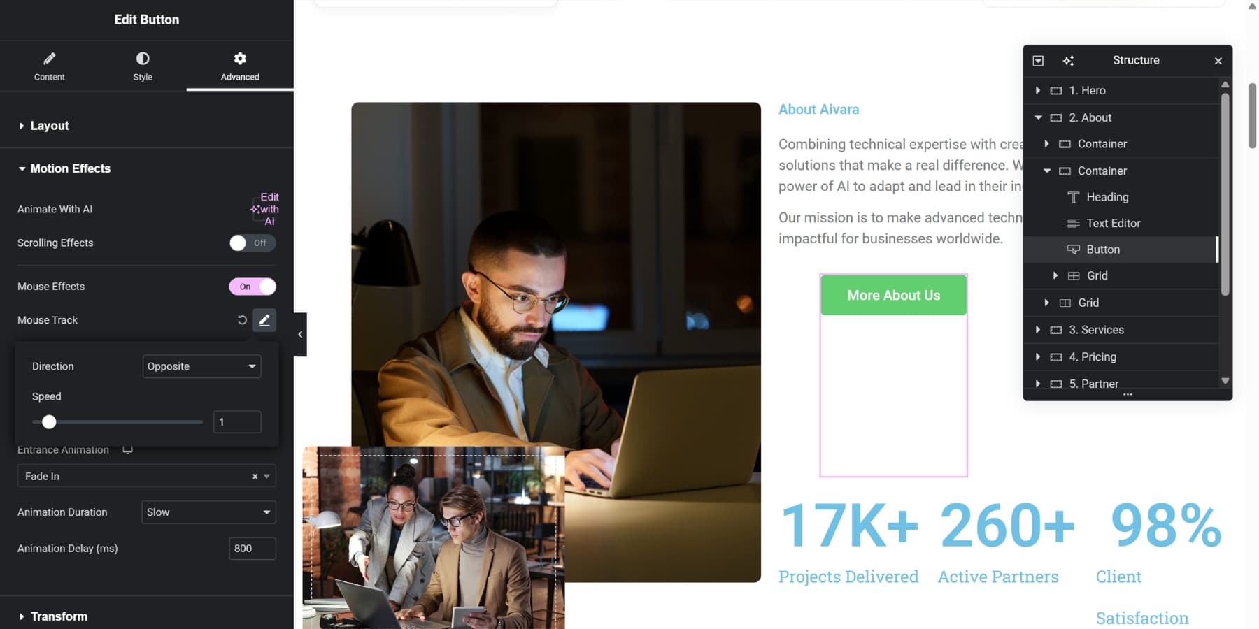 A screenshot of Elementor's motion effect options