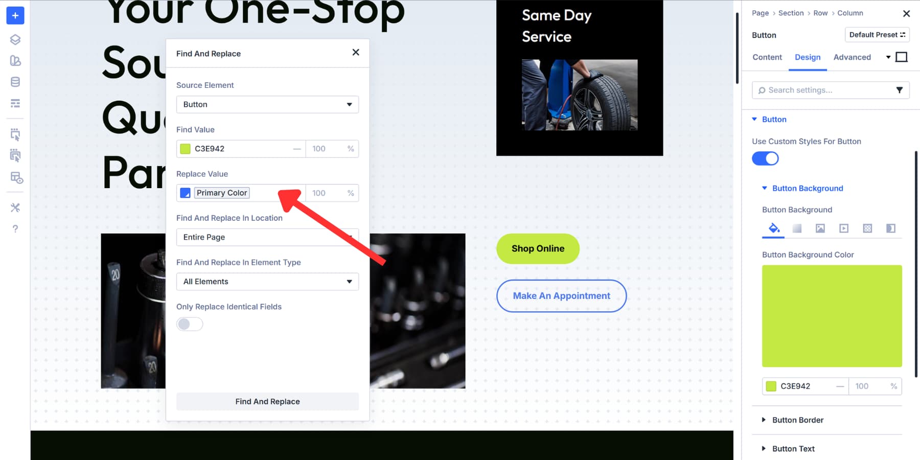 A screenshot of a replacement value selected in Divi 5's search and replace popup