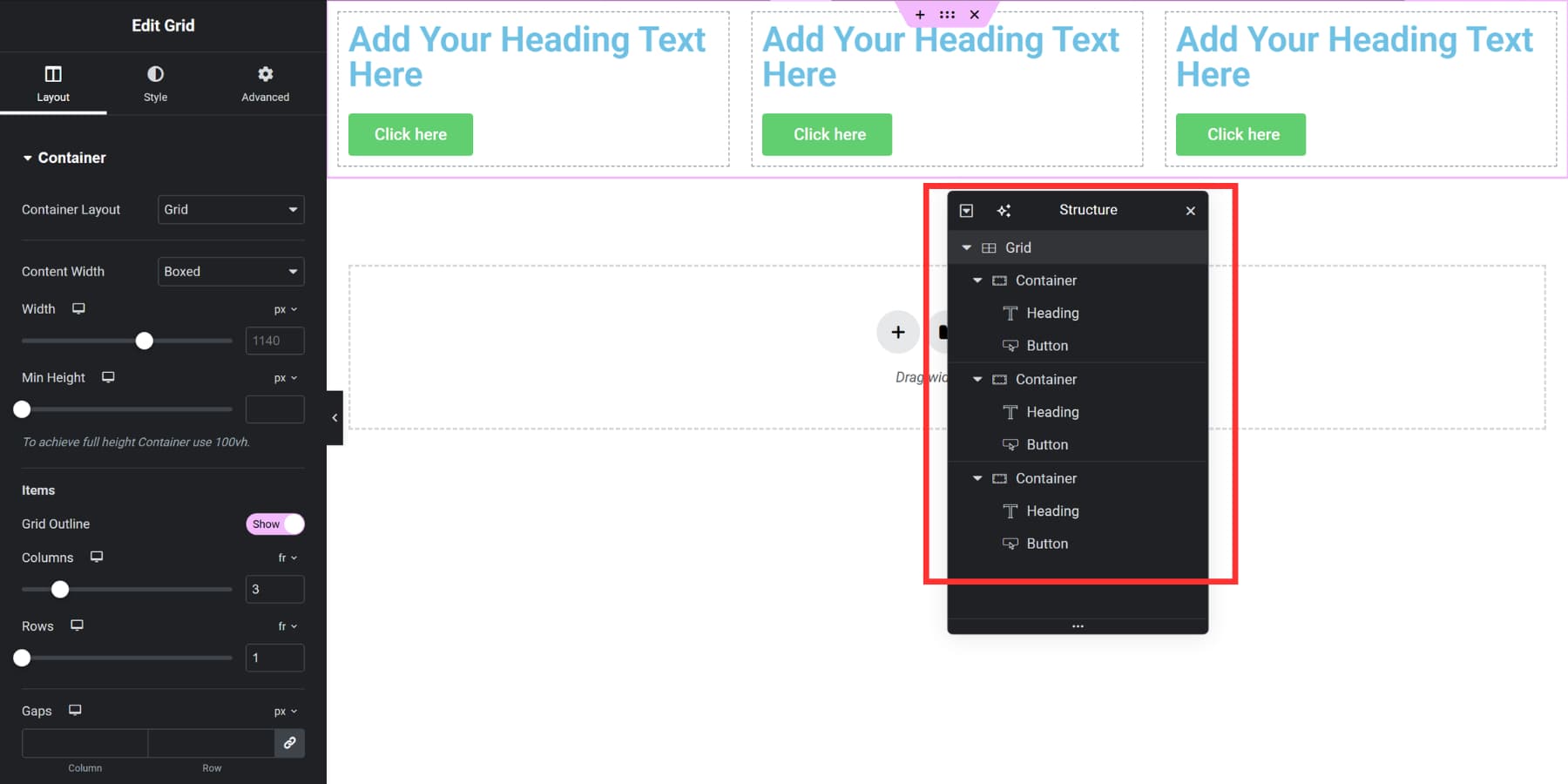 A screenshot of container nesting inside Elementor's grid builder to add multiple elements