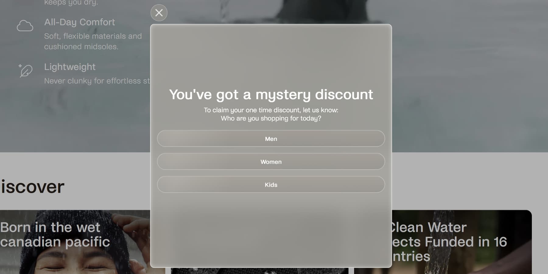 A screenshot of giveaway popup on Vessi's website
