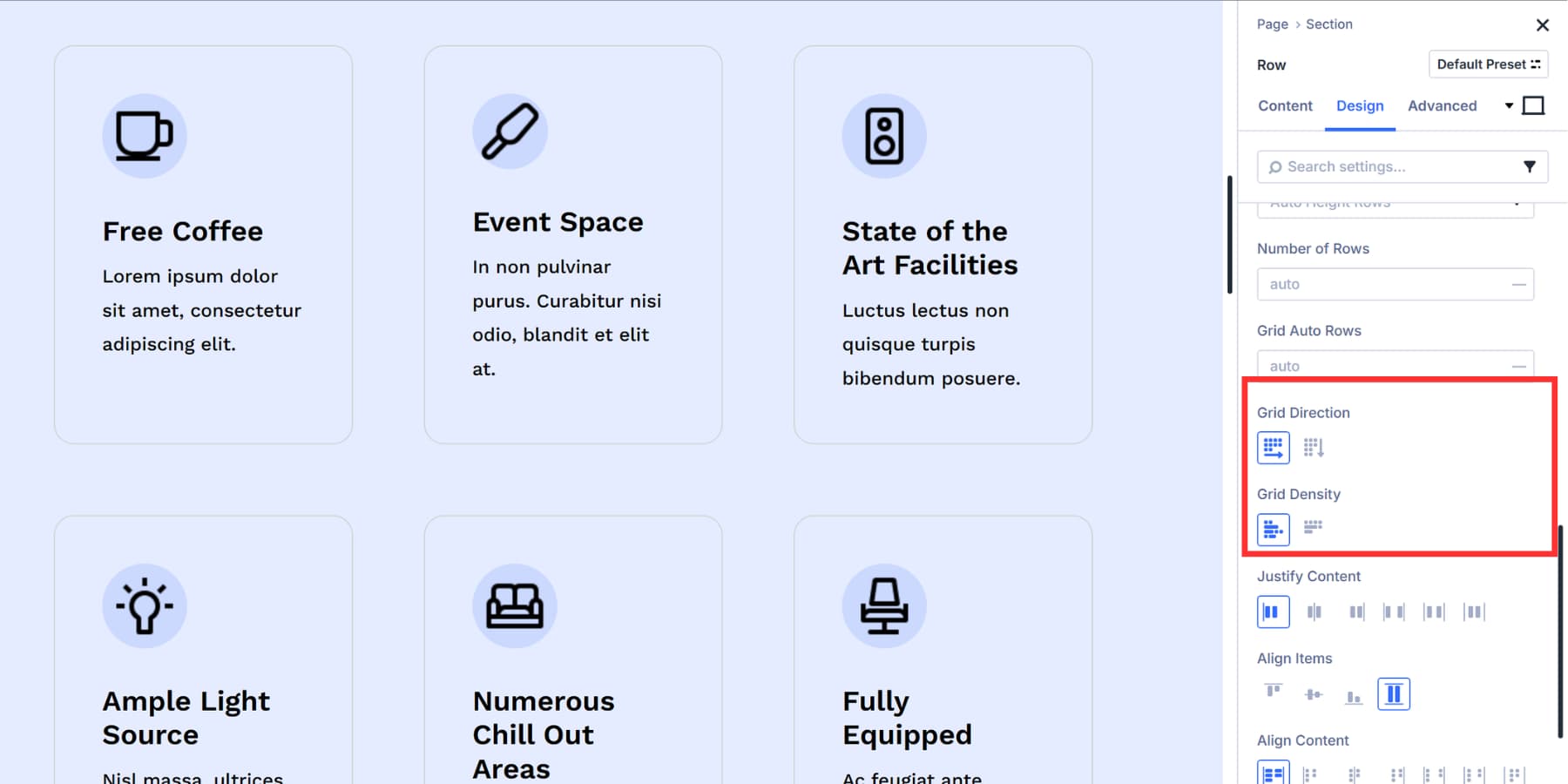 A screenshot of grid direction and density settings in Divi 5's grid settings