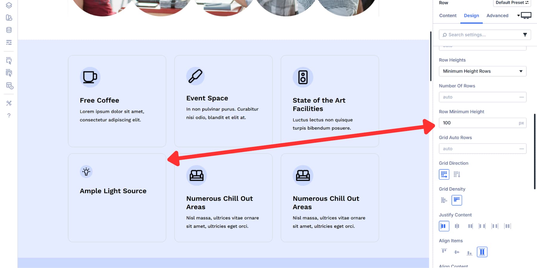 A screenshot of how minimum height rows work in Divi 5