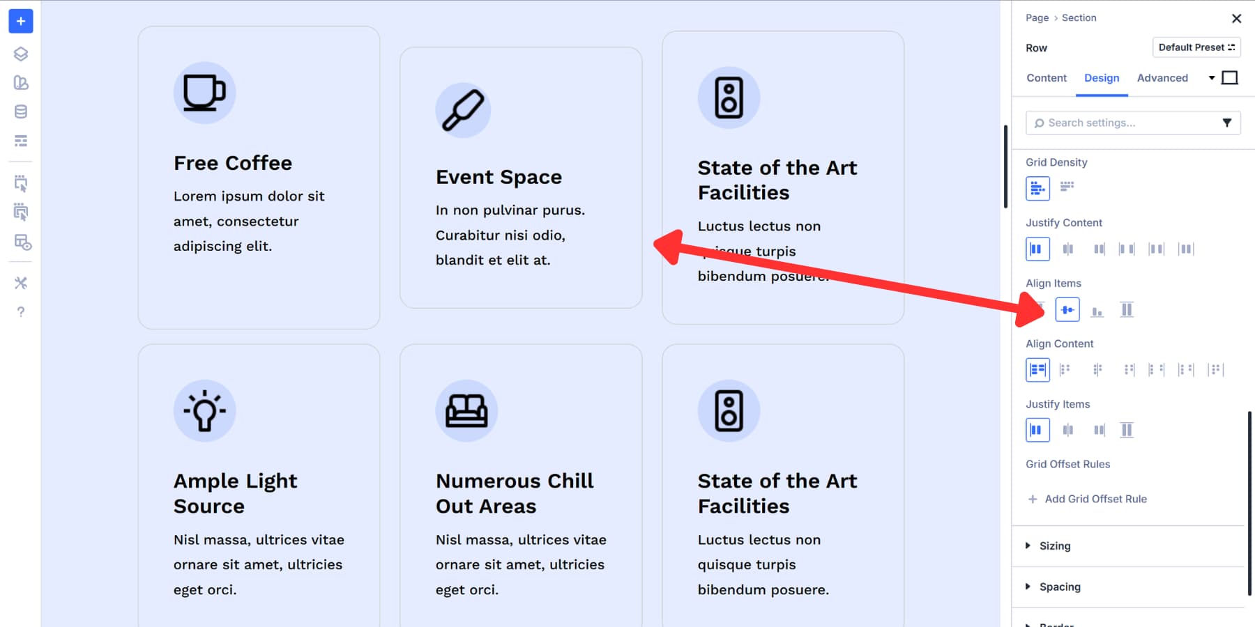 A screenshot of how the center grid align items in Divi 5
