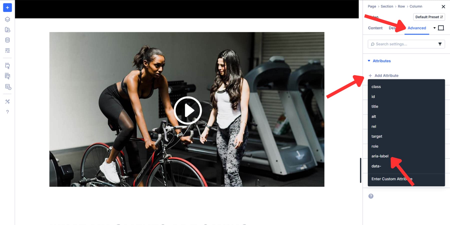 A screenshot of selecting aria-label as an attribute preset in Divi 5