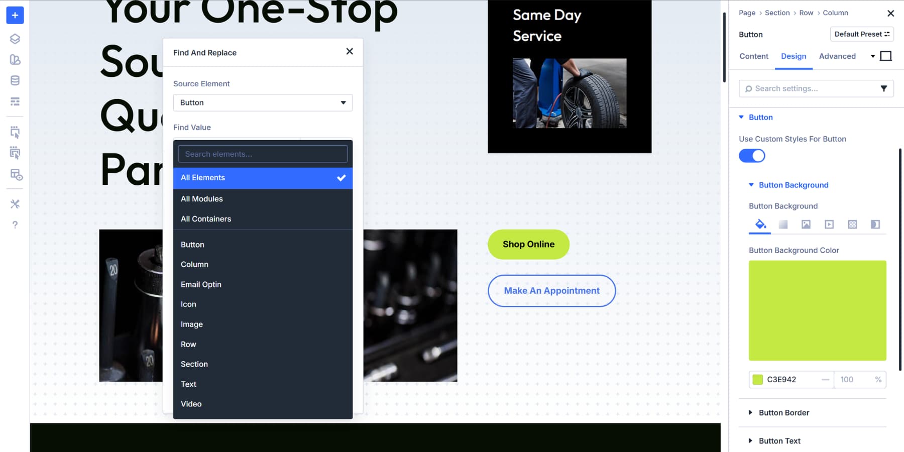 A screenshot of setting the element scope in Divi 5's Find and Replace option