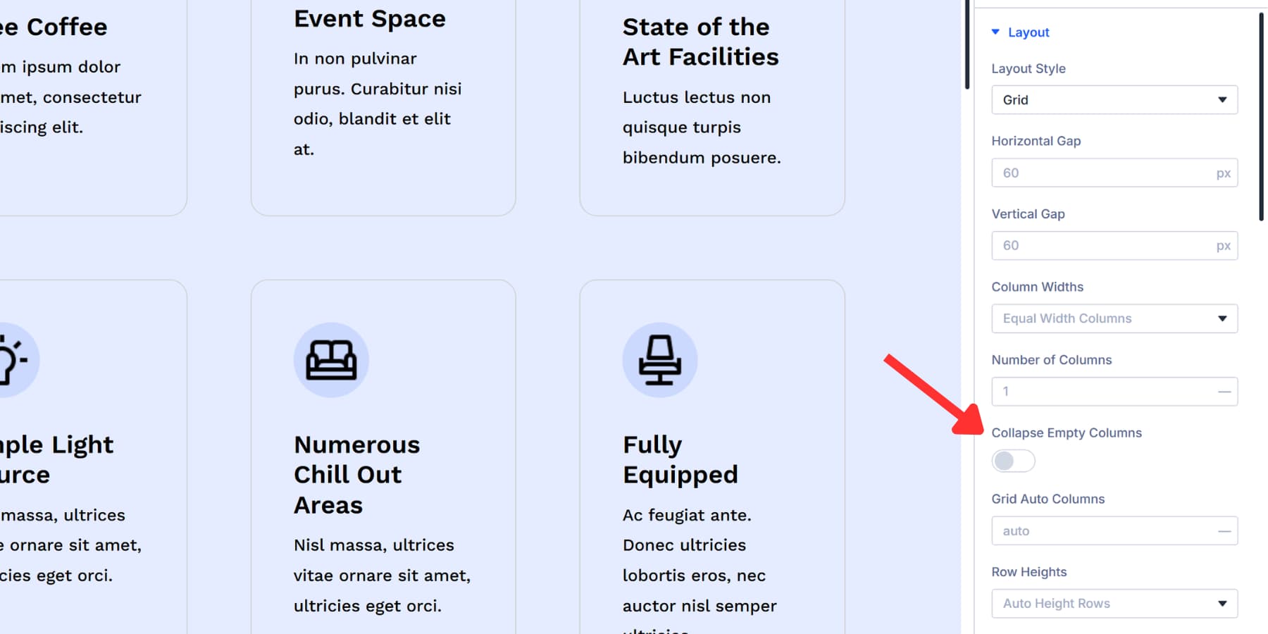 A screenshot of the collapse empty columns option in Divi 5's grid options
