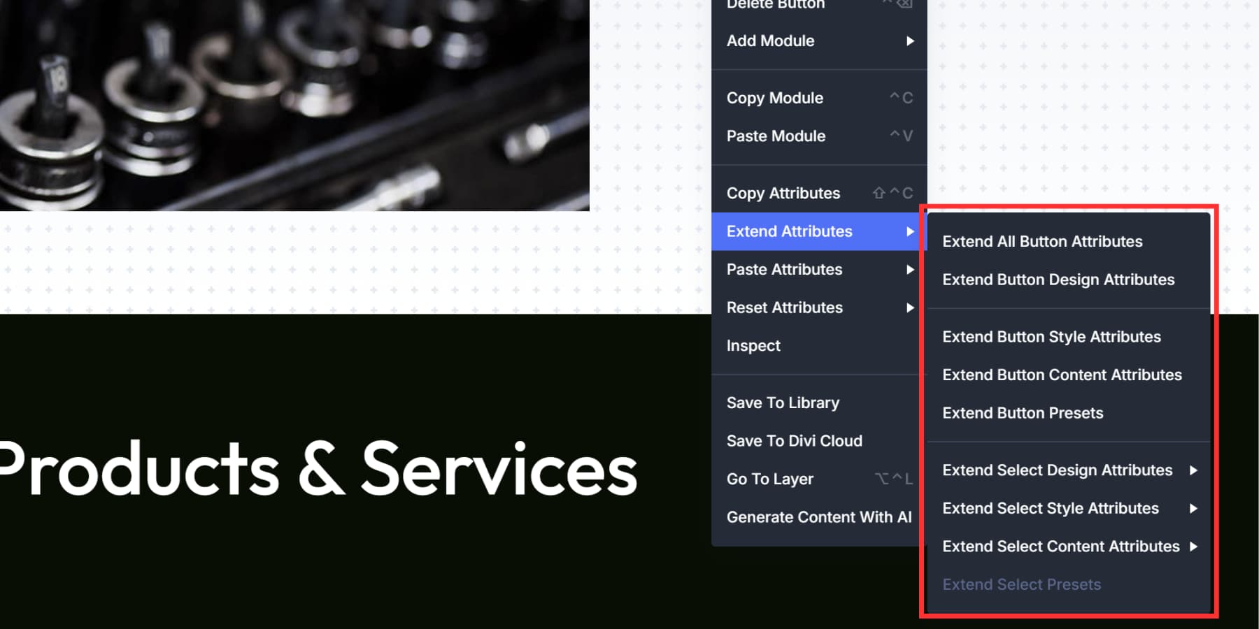 A screenshot of the extend attributes options when hovered on the menu item in Divi 5
