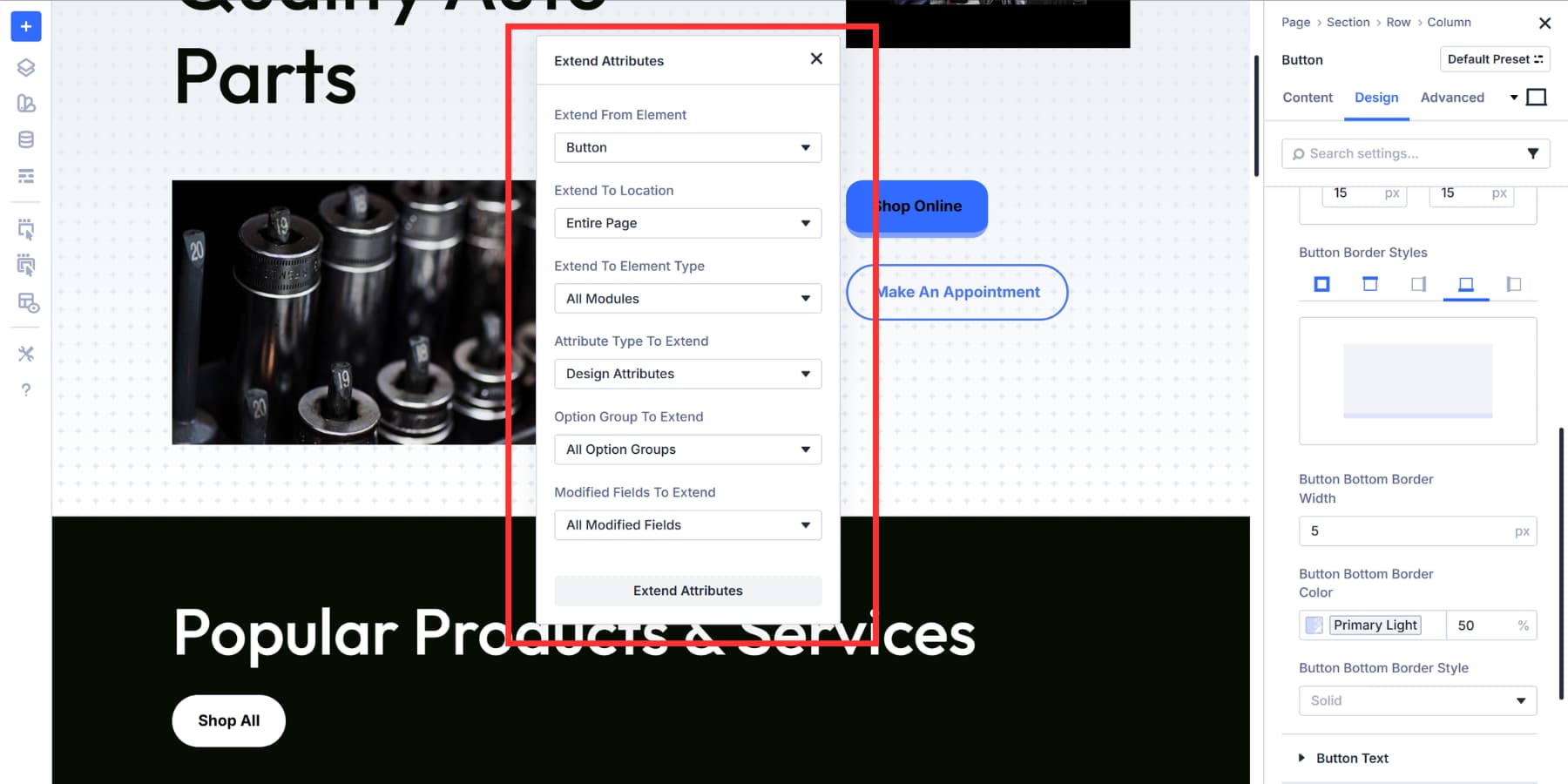 A screenshot of the extend attributes panel in Divi 5