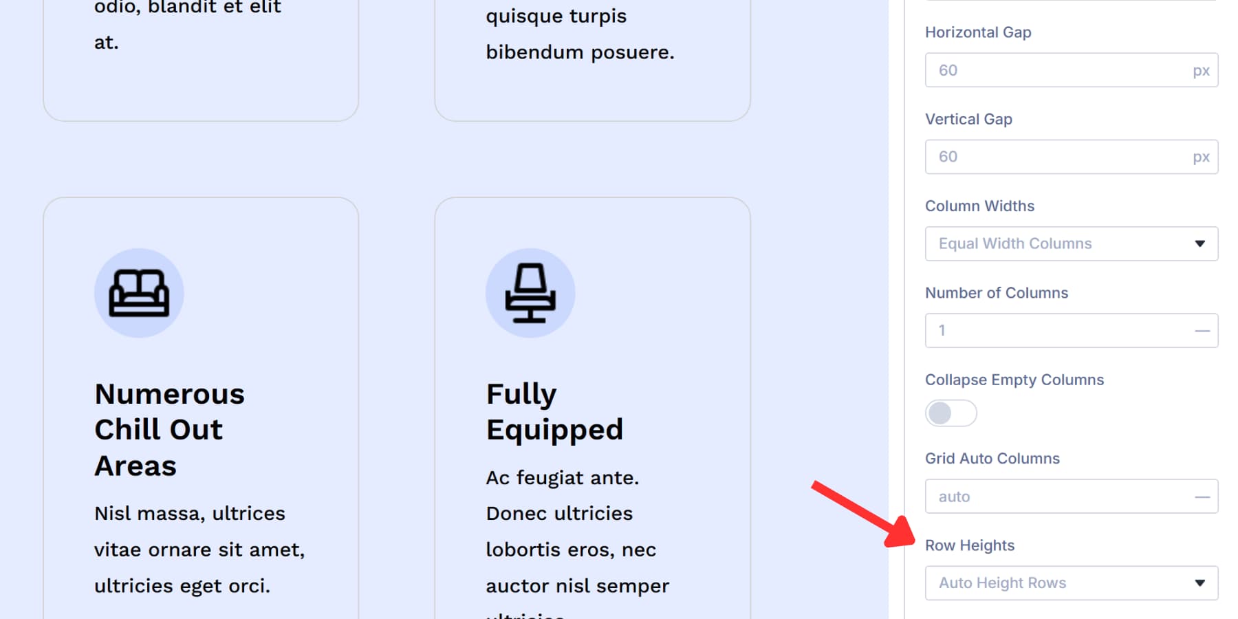 A screenshot of the row heights option in Divi 5's grid options